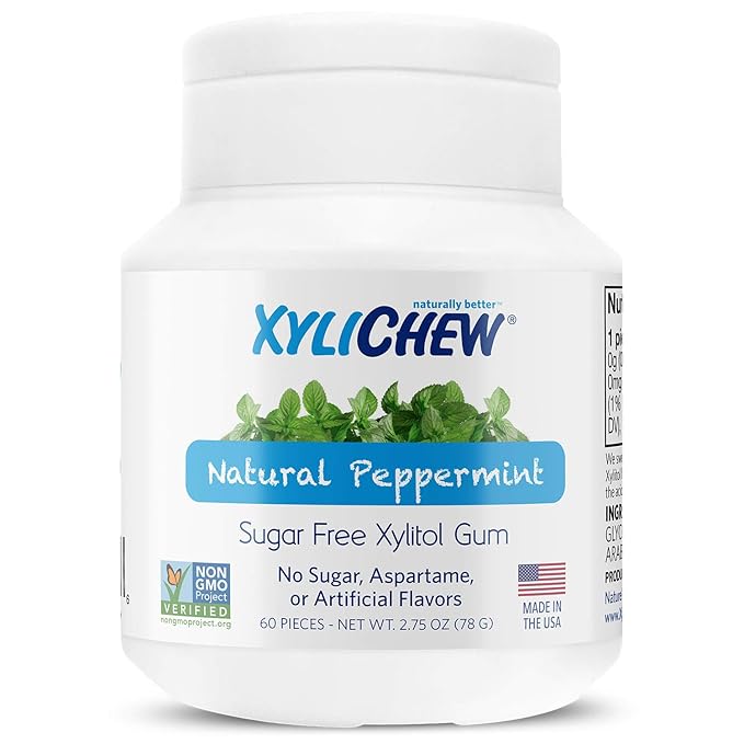 Xylichew 100% Xylitol Chewing Gum - Non GMO, Non Aspartame, Gluten Free, and Sugar Free Gum - Natural Oral Care, Relieves Bad Breath and Dry Mouth - Peppermint, 240 Count