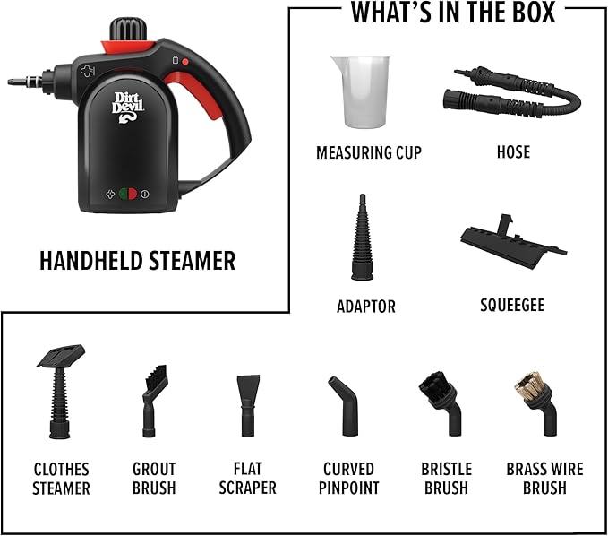 Dirt Devil 7-in-1 Handheld Steamer, Pressurized Steam Cleaner for Home Use, XL Water Tank, Includes Specialized Cleaning Tools, Portable Steam Cleaner for Bathroom, Clothes, Furniture and More
