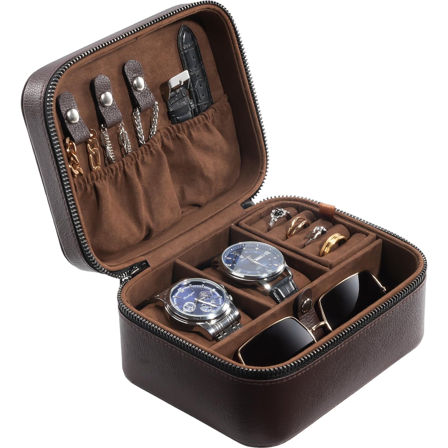ProCase Travel Watch Case, 2 Slots PU Leather Mens Jewelry Box, Portable Watches Cufflinks Accessories Storage Case, Zippered Carrying Organizer Bag for Man, Valentine's Day Gift -Brown