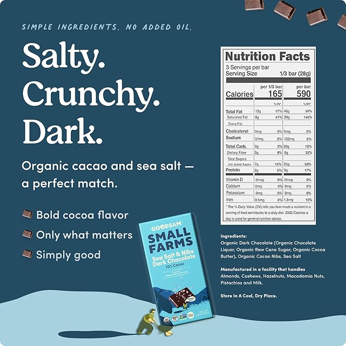 GoodSAM Organic Sea Salt & Nibs 70% Dark Chocolate (Pack of 3) - Non GMO, Vegan, Regenerative Farming, Direct Trade