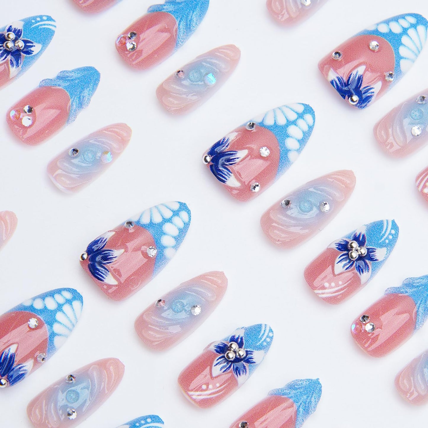 Nude Blue Ocean Press on Nails, Medium Almond Handmade 3D Flower Fake Nails with Rhinestone Designs,Glossy Reusable False Nails with Glue Tabs for Summer Vacation 30Pcs Nail Kit for Women