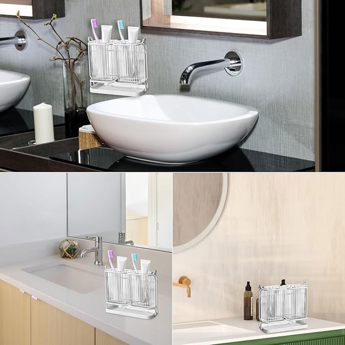 Toothbrush Holders for Bathrooms, 2 Cups Toothbrush Holders Wall Mounted, Dry & Wet Separation, Bathroom Organizers and Storage, Bathroom Toothbrush Holder Set for Family Kids (White)