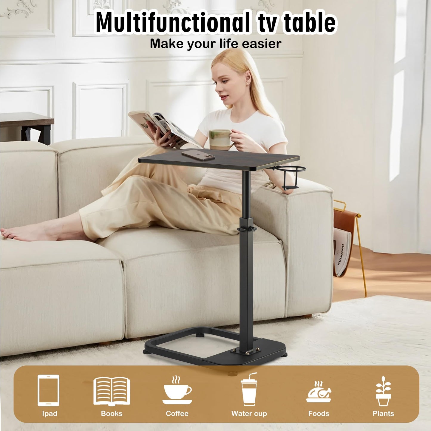 facka Adjustable TV Tray Table with Rounded Metal Corners, C-Shaped Snack Table for Couch, Sofa, Bed or Chair, Small Space Side Table for Eating, Dinner, or Laptop Use