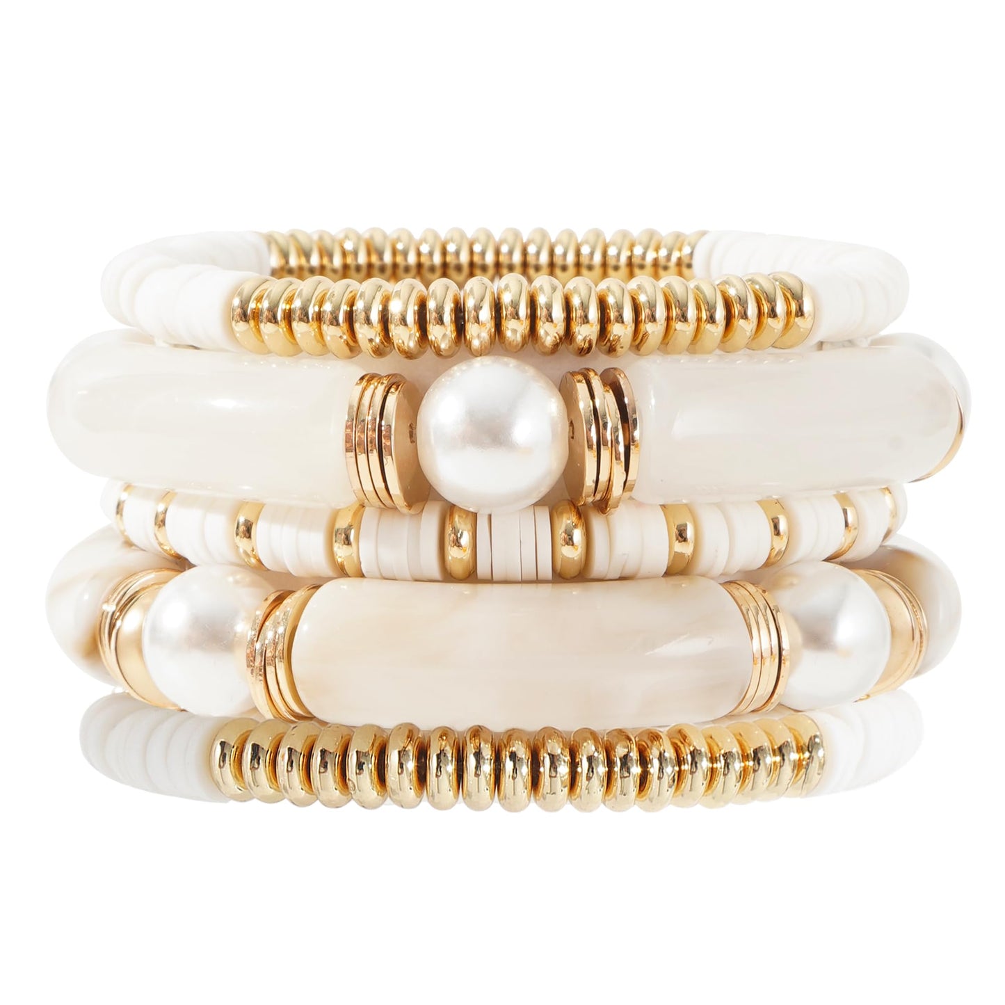 GOOJIDS Chunky Simple Beaded Gold Plated Bangles Bracelet Bamboo Tube Curved Stacking White Acrylic Colorful Beads Stretchable Gold Plated Bracelets Set For Women
