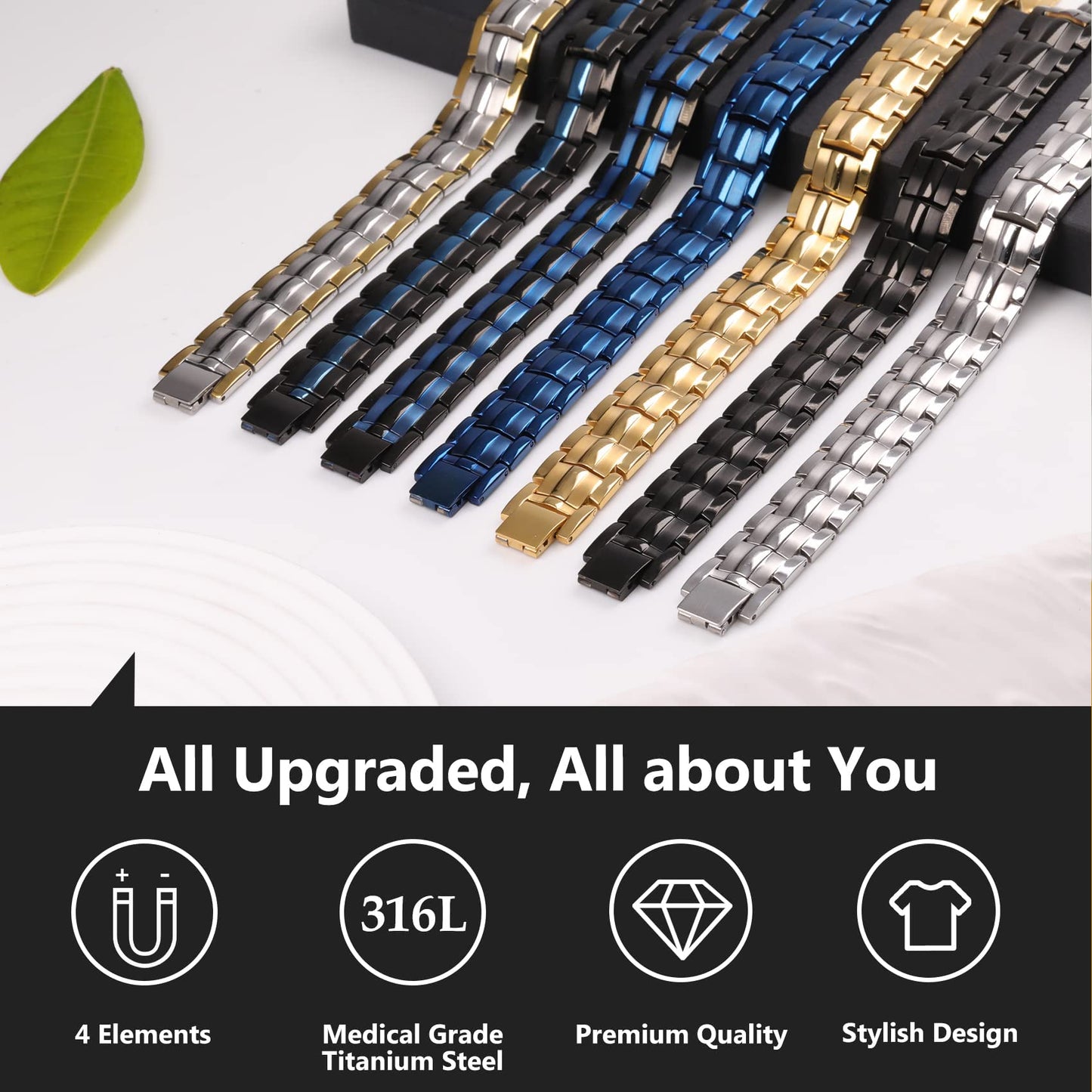 Feraco Mens Magnetic Therapy Bracelets Titanium Steel Bracelet with Double Row 4 Elements Magnets,Men's Jewelry for Anniversary Father's Day