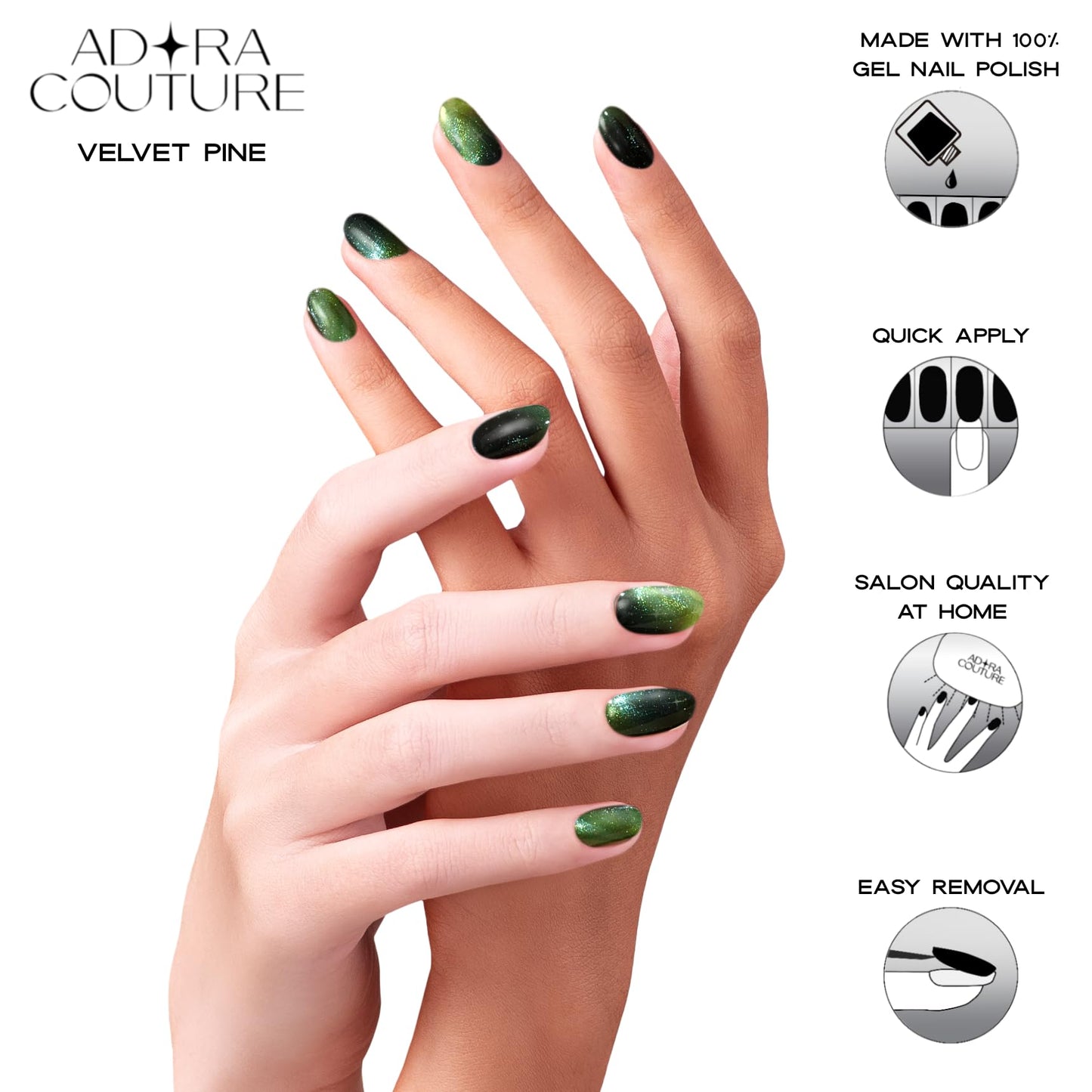 Adora Couture Semi-Cured Gel Nail Strips - 30 Salon-Quality Stickers with UV Light Required, Long Lasting, Easy Application & Removal, Includes Prep Pads, Nail File, Wooden Stick (Green Velvet)