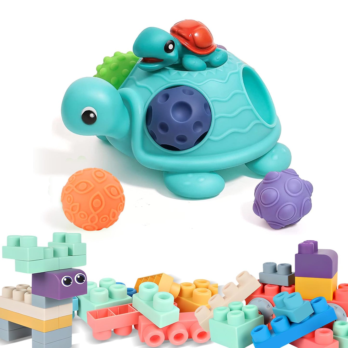Soft Building Blocks for Toddler, Blocks for Kids 6 Months and up, Large Creative Stacking Blocks 20 PCS STEM Blocks and Sensory Balls Montessori Toys for Babies 6-12 Months, Baby Sensory Toys Turtle