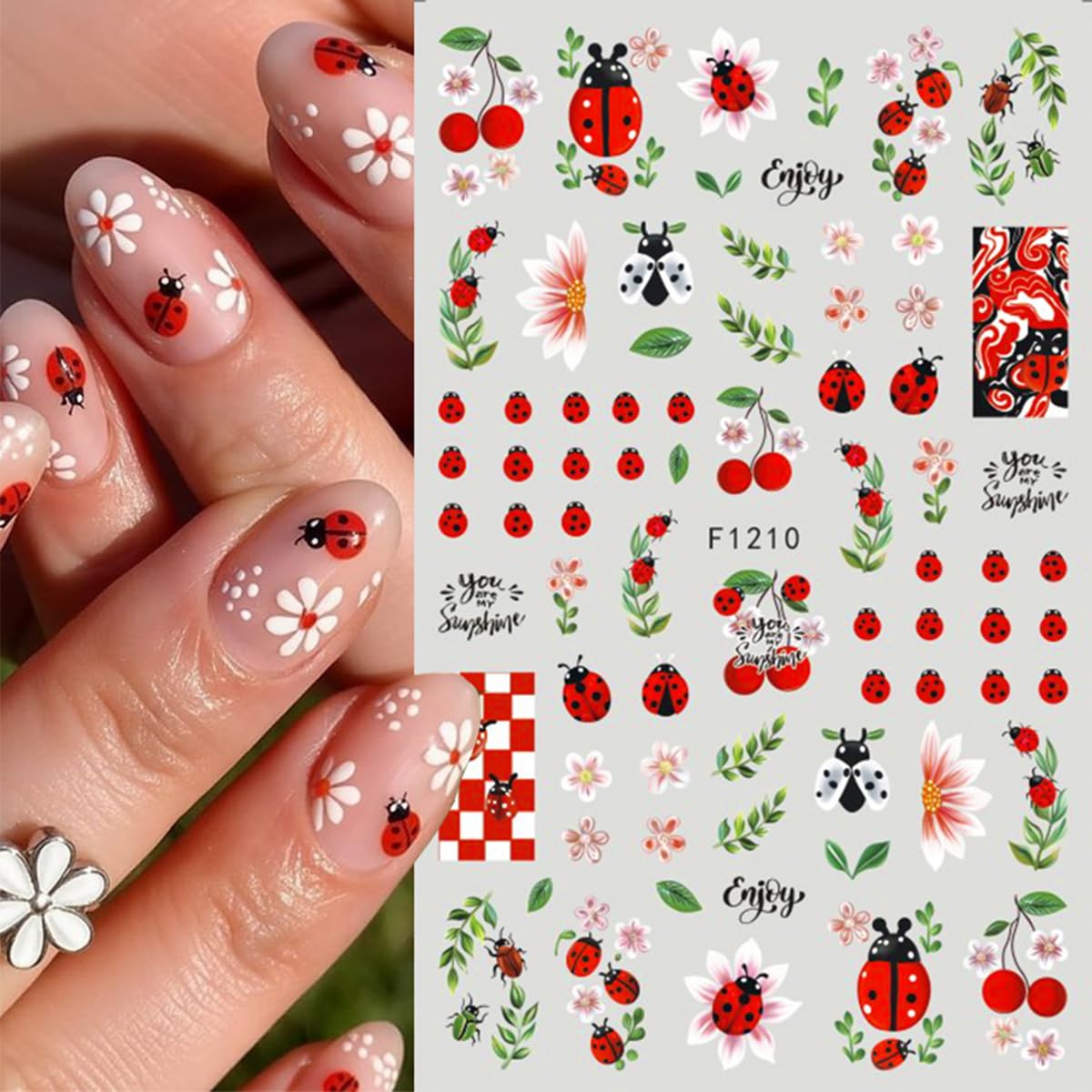 5 Sheets Spring Nail Stickers 3D Self-Adhesive Flower Nail Art Stickers Floral Nail Decals with Leaves Butterfly Ladybug Strawberry Bee Design for Women Spring Summer DIY Nail Decor