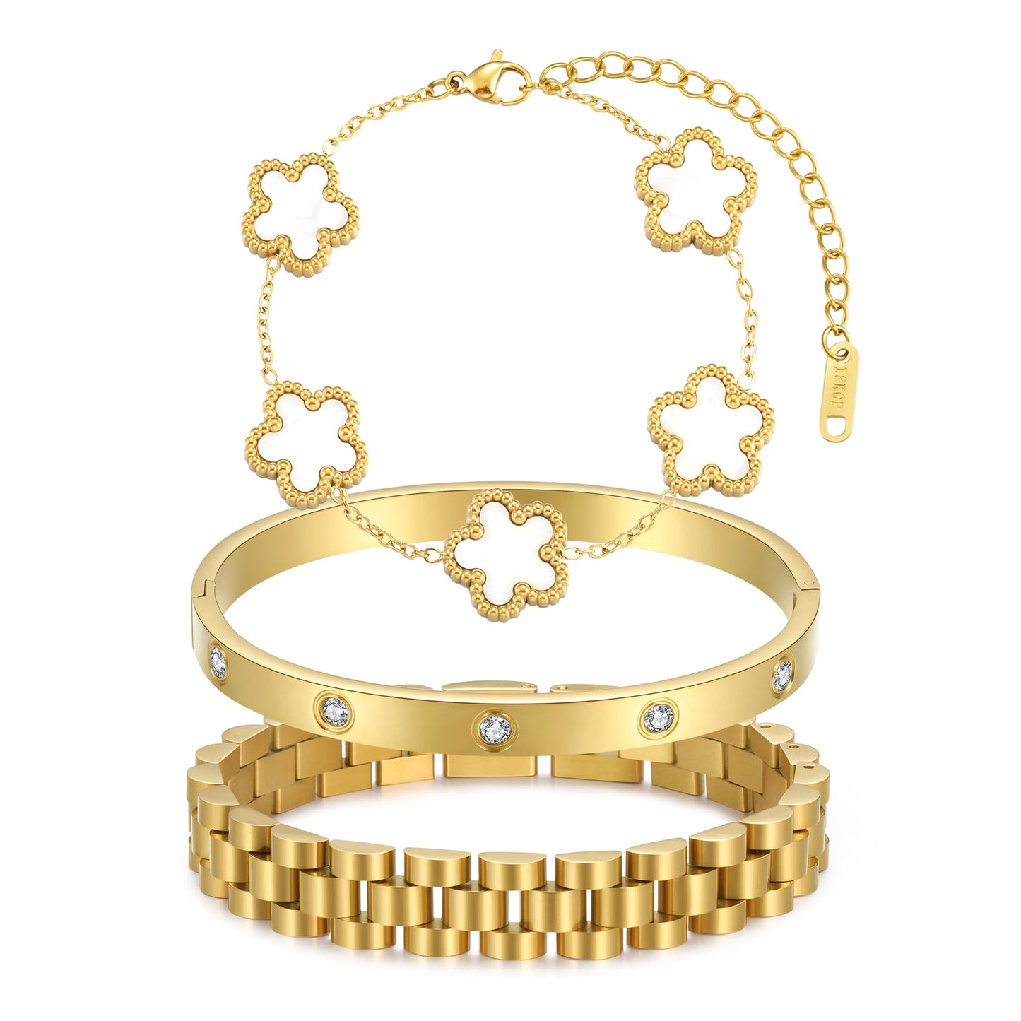 YOQ Stackable Four Leaf Clover Bracelets for Women, 18K Gold Plated Love Bangle Bracelets Set, 3 Pcs Charm Jewelry Gifts (White)
