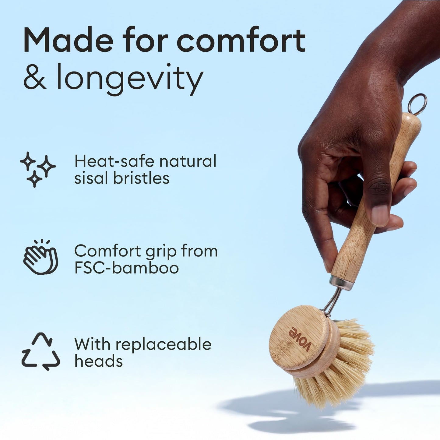 Vove Bamboo Dish Brush, FSC-Certified - Includes 3 Replacement Heads - Natural Fiber Bristles - Non-Toxic, Plastic-Free - Scrub Brush for Pots, Pans & Dishes