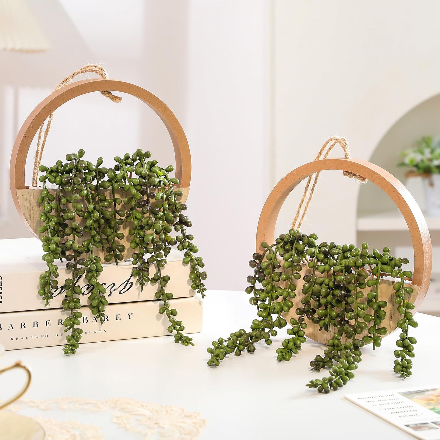 Hobyhoon Artificial Hanging Plants Hanging Planter Fake Succulents Artificial String of Pearls with Pot and Lanyard for Home Office Wall Decoration
