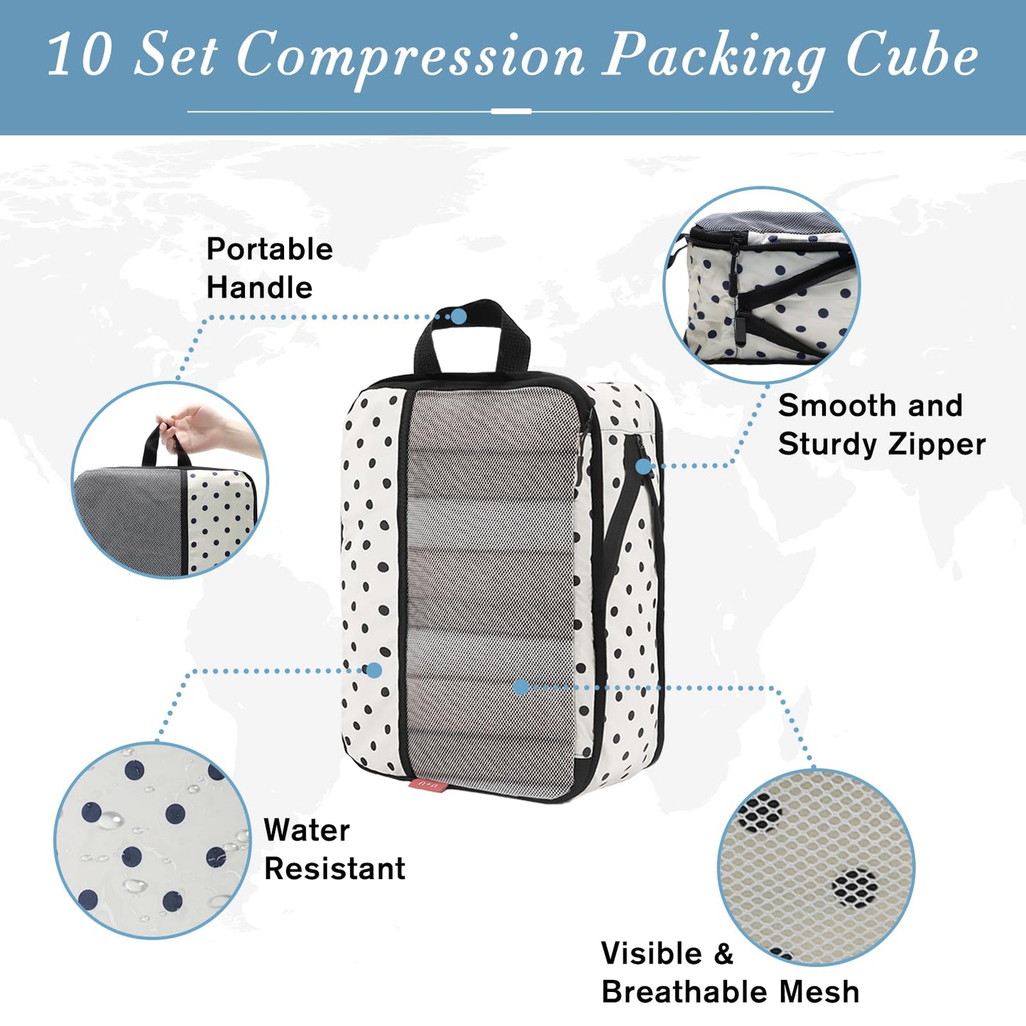 U+U 10 Set Compression Packing Cubes - Travel Organizers with Laundry Bag, Space-Saving Suitcase Organizer, Expandable Packing Organizers for Travel Essentials (Polka Dot)