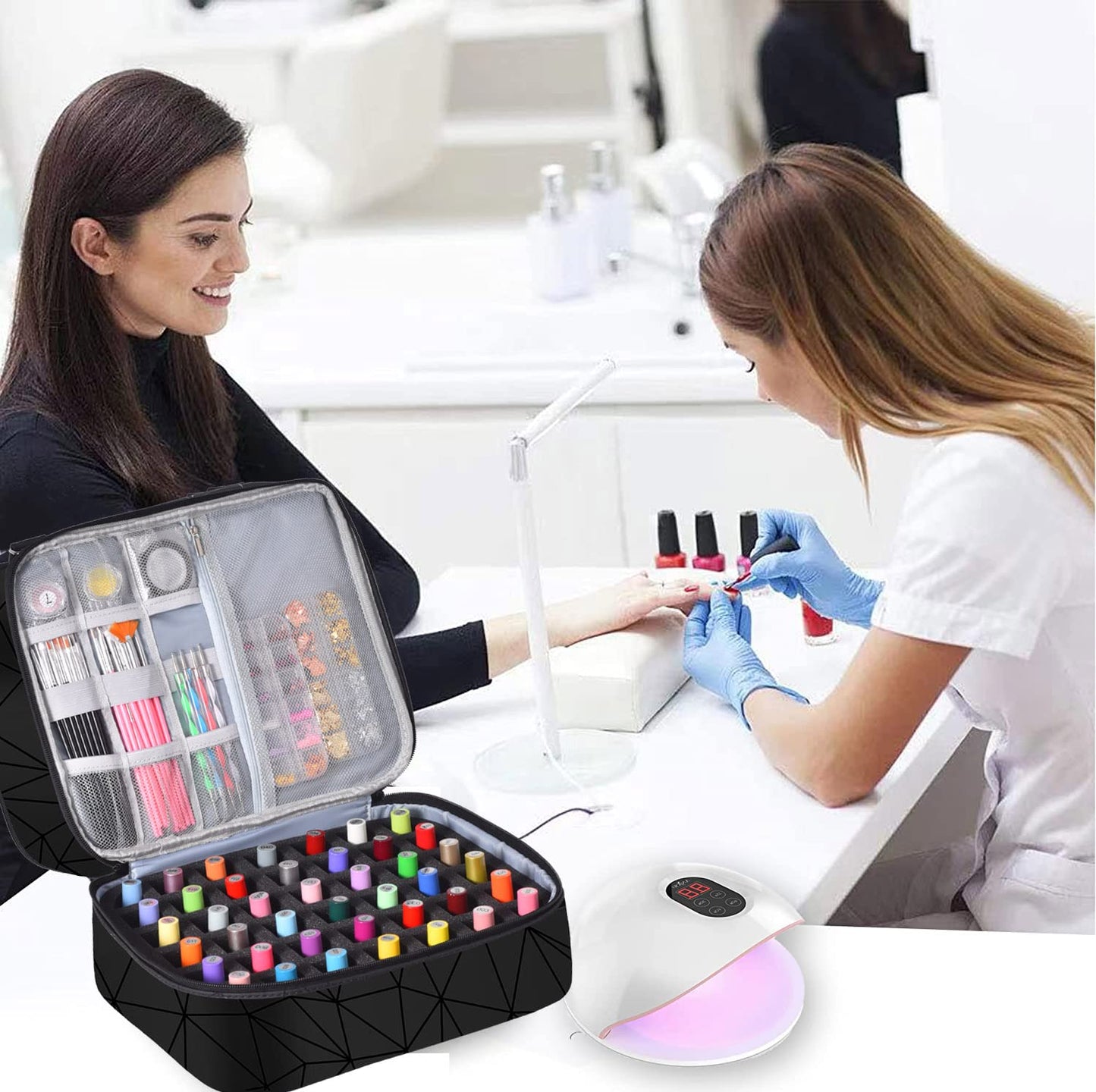 FCQQYWZ Nail Polish Organizer Case - Holds 42+ Bottles (15ml/0.5 fl.oz) and 1 Nail Lamp, Upgraded Double-layer Nail Polish Carrying Case Nail Storage Bag with Handles (Black)