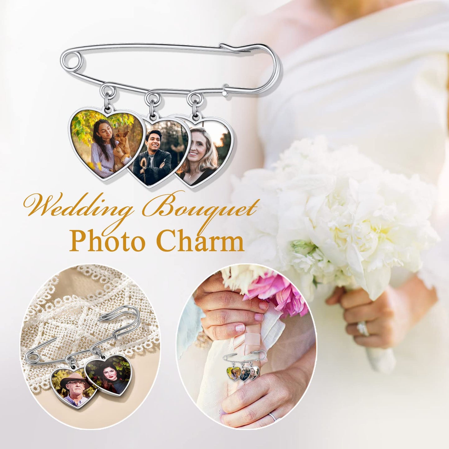 Custom4U Memory Charms for Wedding Bouquet Customized with 3 Pictures Custom Photo Brooch Pins Funeral Boutonniere Heart Shaped Charm Memorial Jewelry