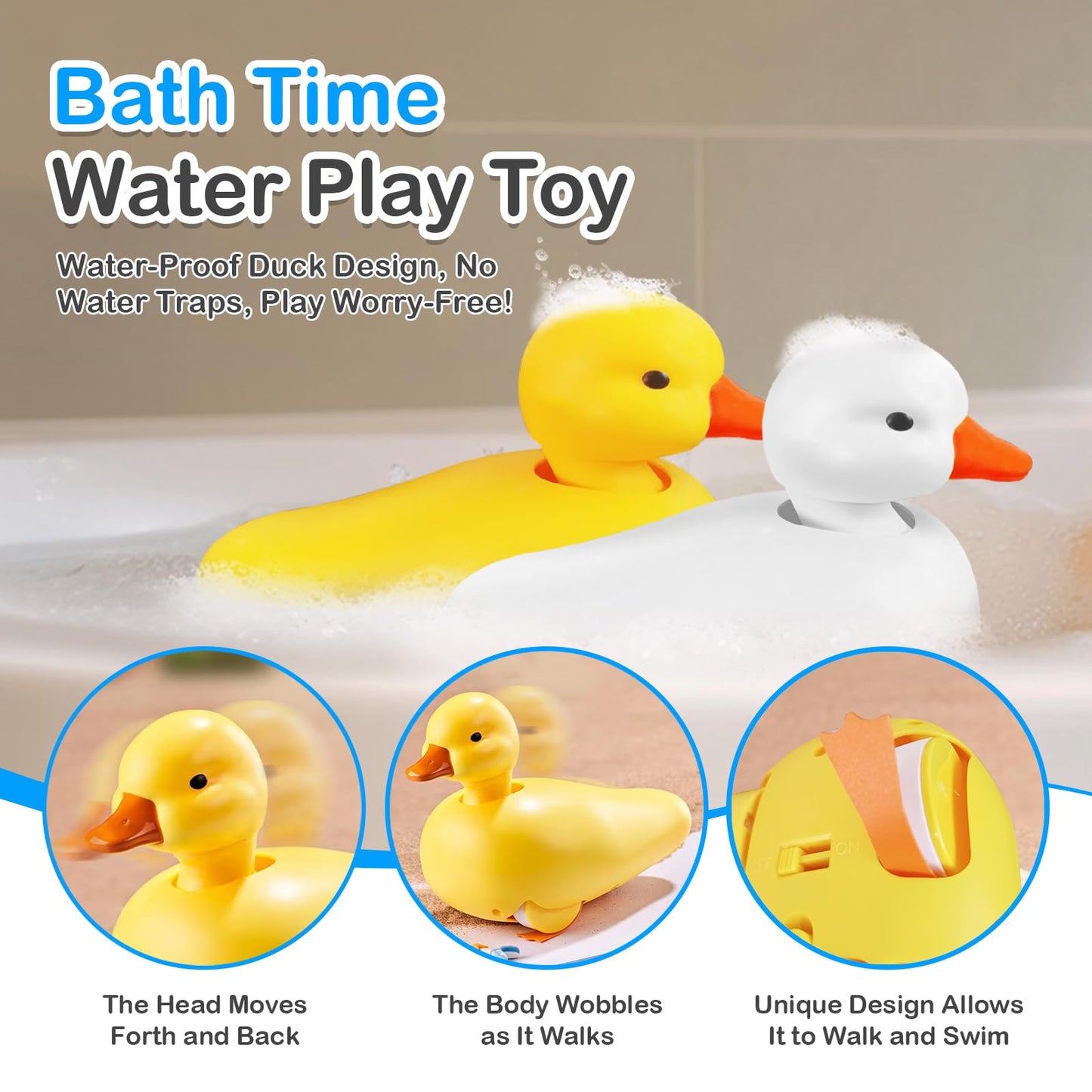 SOCBTNSO 2-Pack Duck Bathtub & Pool Toys - Realistic Walking Ducks | Waterproof Baby Bath Toys, Gift for Toddler Boys & Girls