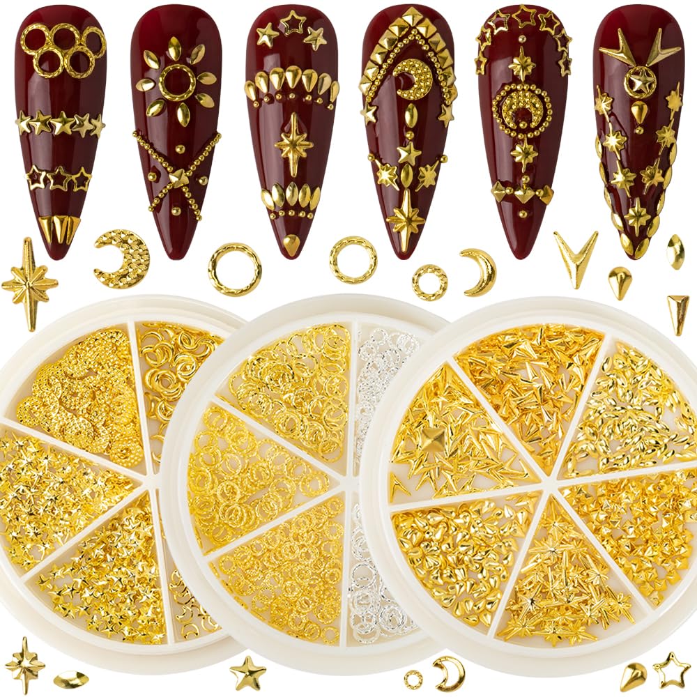 DZHILHMX 3D Nail Charms - Gold Star, Moon, Multiple Shape Gem, 3 Boxes, Metal Nail Decoration Studs, for Nail Art