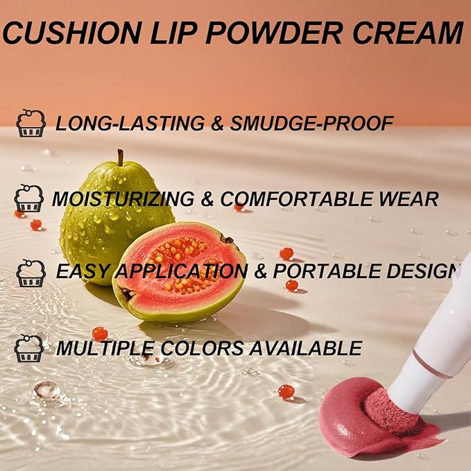 Cushion Lip Powder Cream, Matte Lip Cream - Long-Lasting & Smooth Skin, Non-Drying, Moisturizing Non-Fading Lipstick, CreaM Velvet Finish, Lightweight (N05 Peach)