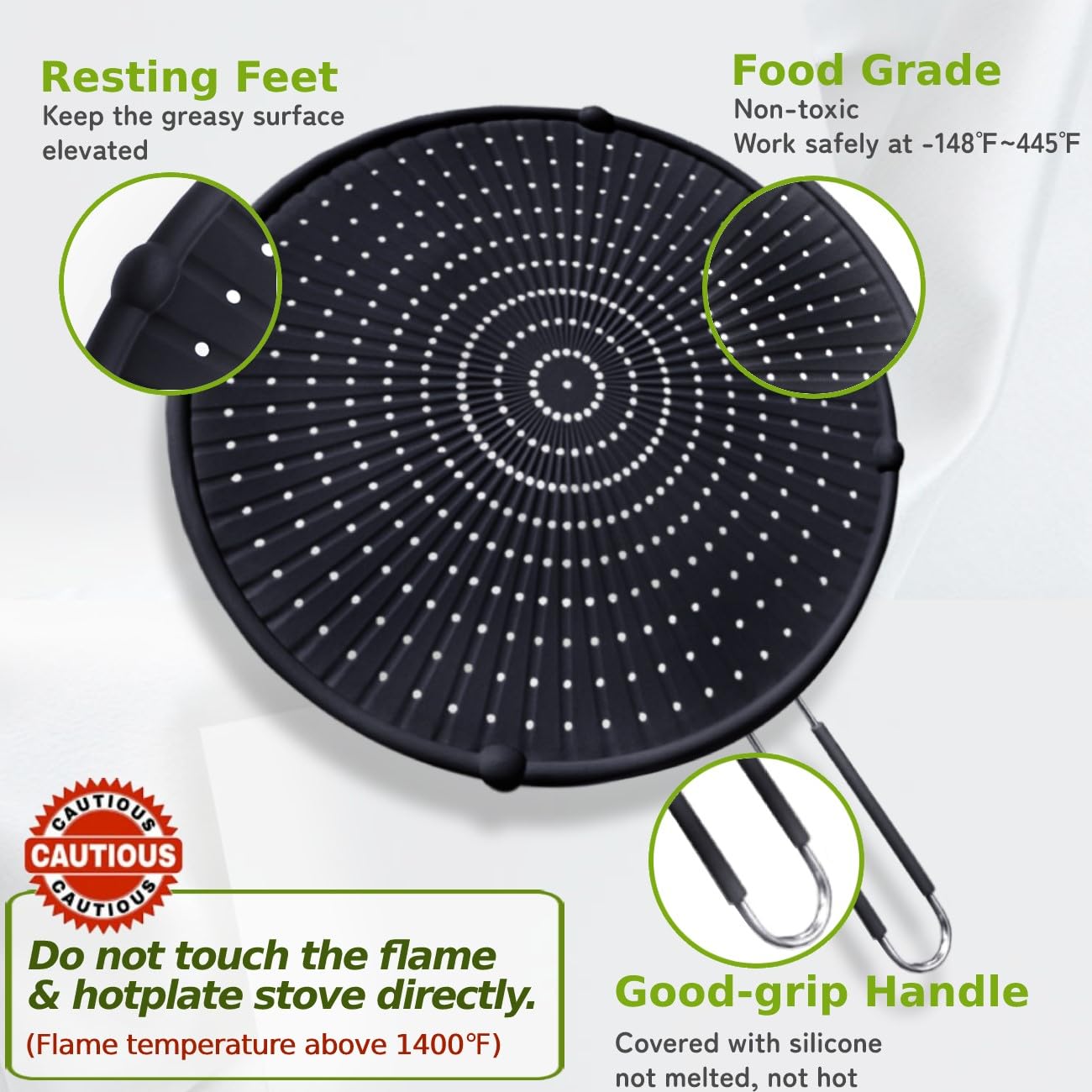 Silicone Splatter Screen for Frying Pan, Grease Splatter Guard for Frying Pan Heat Resistant Oil Splatter Guard, Multi-Use Pan Cover, Non Stick, Easy Clean 12.6" - Black
