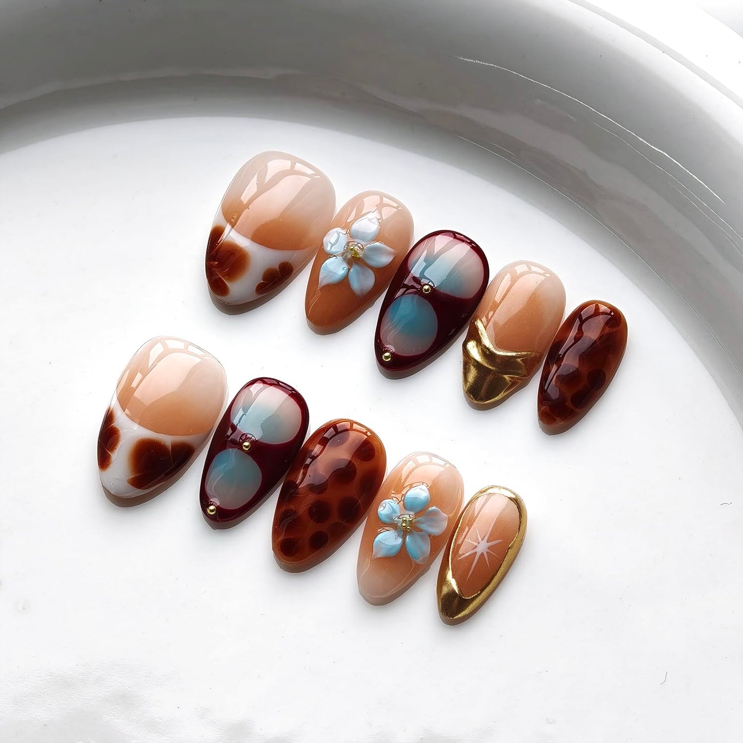 French Tip Press on Nails Handmade Short Almond 3D Thick Acrylic Nails False Nails with Tortoiseshell Flower Gold Ball Starlight Gradient Designs Glossy Fake Nail Sturdy Art Press on Nail 10Pcs(S)