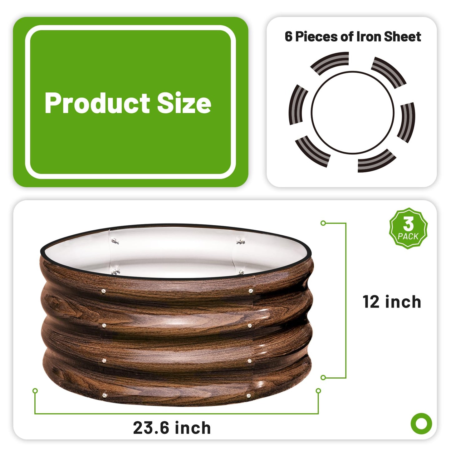 SnugNiture 3 Pcs 2x2x1ft Round Galvanized Raised Garden Bed Kit Outdoor, Metal Planter Box for Planting Plants Vegetables, Brown