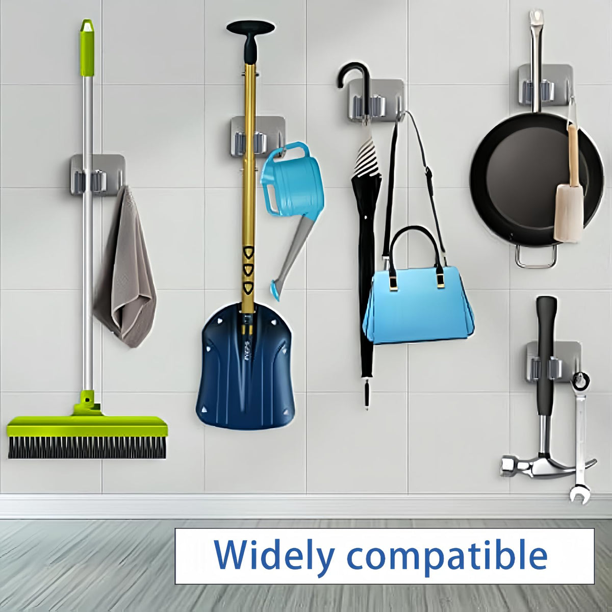 3pcs Punch Free Broom and Mop Holder No Drilling Wall Mount Self Strong Adhesive Holder Tool with Hook Multi (3 Count)