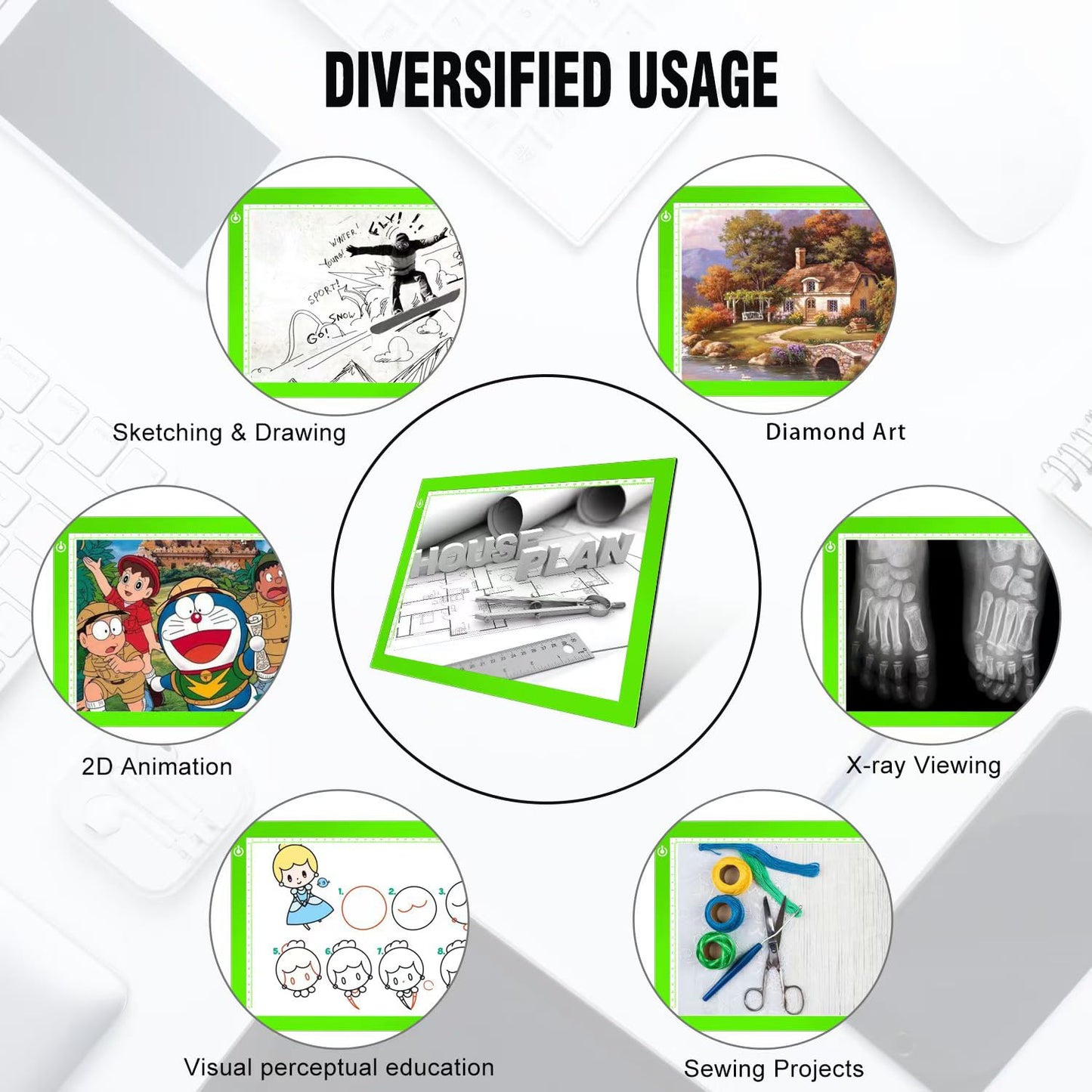 Green A4 Dimmable LED Artcraft Light Box Tracer Slim Light Pad Portable Tablet, USB Power Cable Copy Drawing Board Tracing Table for Artists Designing, Animation, Sketching, Stenciling X-ray Viewing