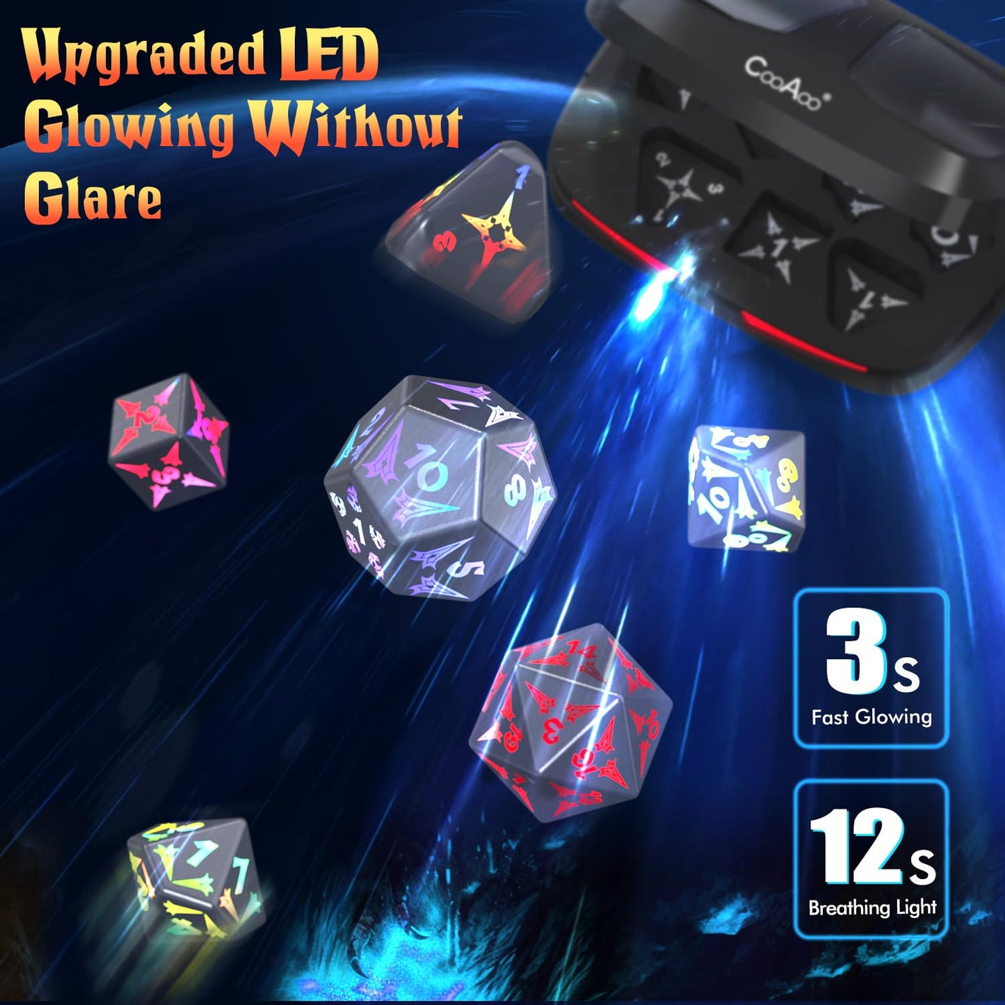 CooAoo Light Up DND Dice Set, Wireless Rechargeable Glowing Dice with Charging Box, 7 PCS Electronic Dice Set, LED RGB Polyhedral Role Playing D&D Dice for Dungeons and Dragons PRG MTG Games (Sword)