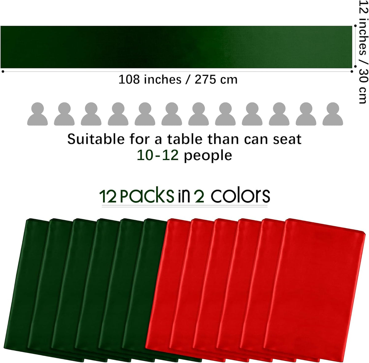 Aneco 12 Pack Christmas Satin Table Runner 12 x 108 Inch Xmas Red, Black Green Long Wedding Satin Silk Table Runner for Wedding Banquet Graduations Birthday Christmas Party Decoration