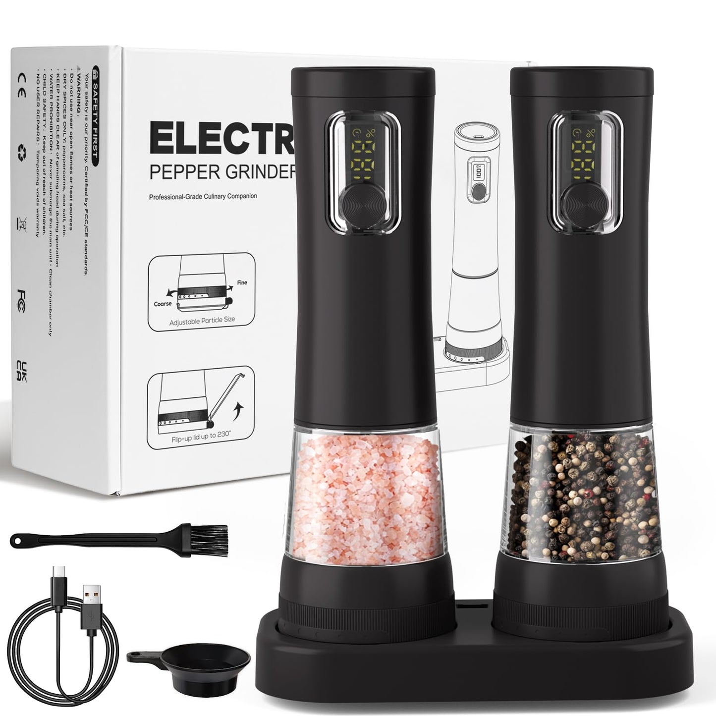 Electric Salt and Pepper Grinder Set-2 Pack Rechargeable Automatic Pepper Mill with Base,5-Level Adjustable Coarseness, Display, LED Lighting, Large Capacity-Ideal for Kitchen, BBQ Gifts (2, Black)
