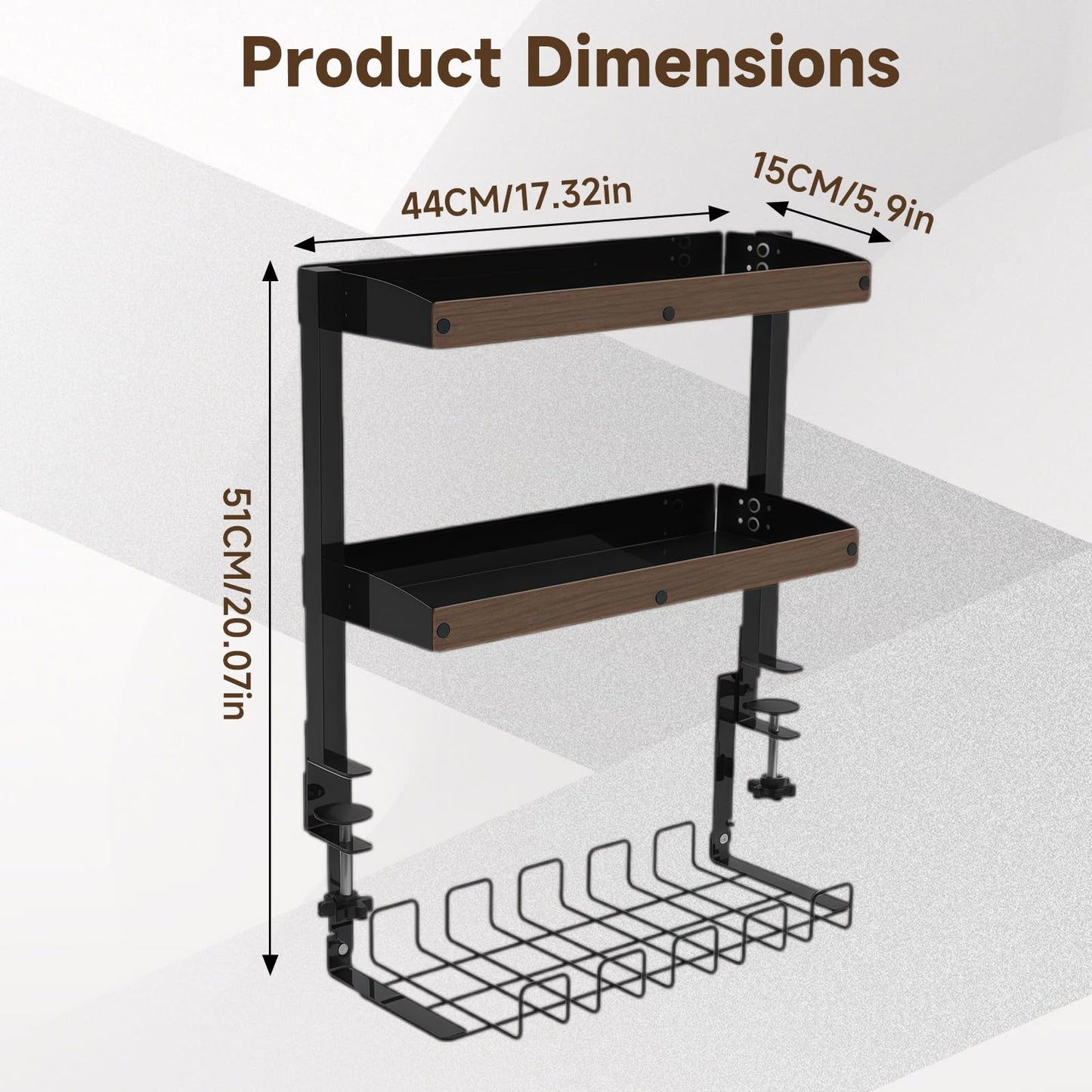 Risirica Clamp on Desk Shelf,17'' 2 Tier Office Desk Shelves Organizer with Under-Desk Hidden Storage Basket,Wood Desktop Supplies Storage Rack for Home Workspace, Study Rooms,Gaming Devices (Black)