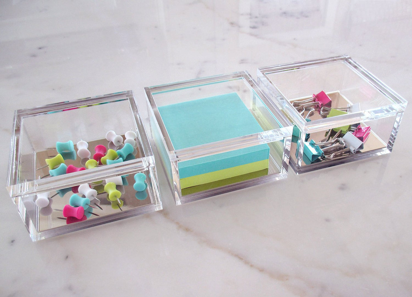 OfficeGoods Acrylic Desk Organizer w/Silver Base – Functional & Elegant Odds & Ends Box for Display or Storage – Perfect for Home or Office, Kitchen, Bathroom Vanity, Curio Display - Medium