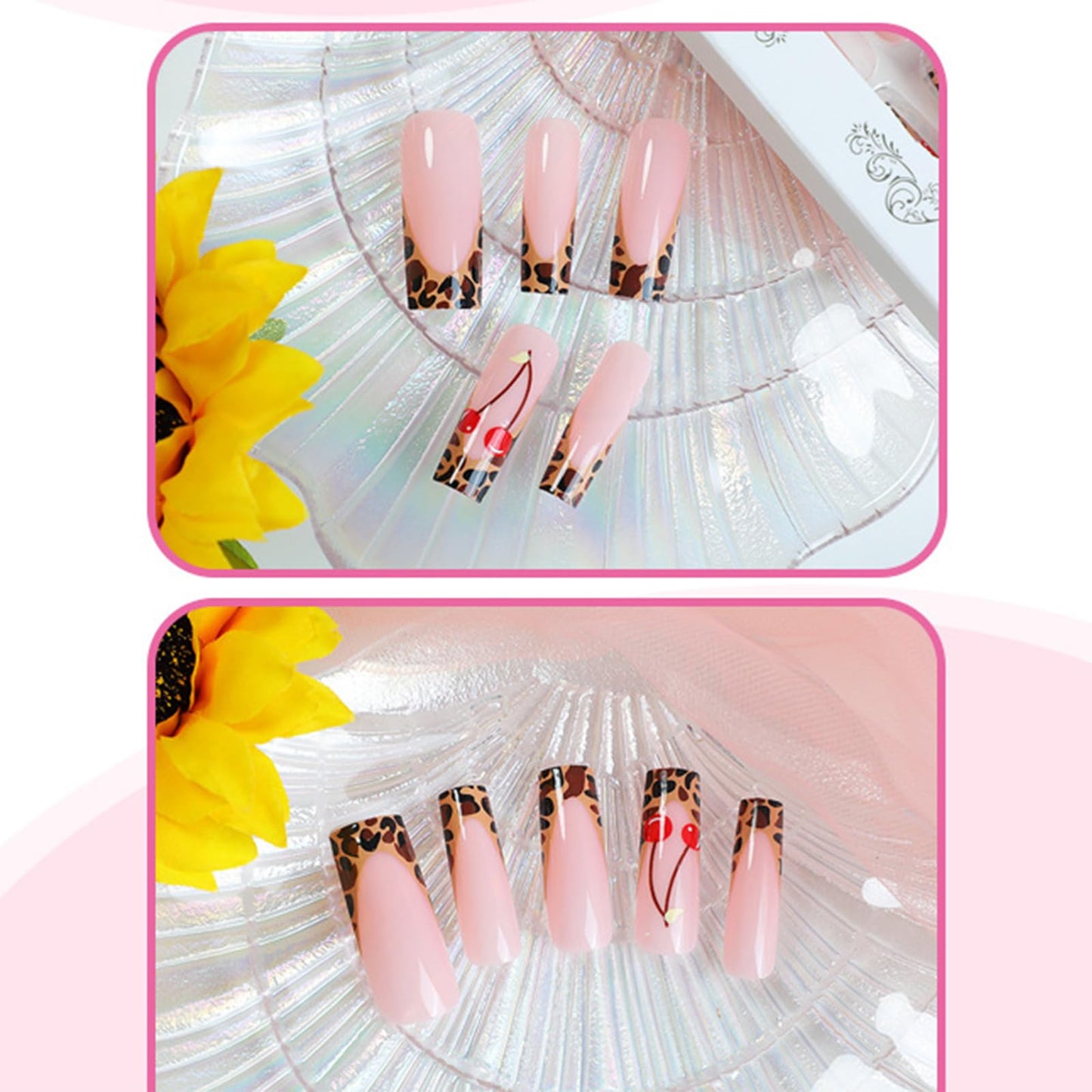 IMRAIN French Press on Nails Long Square Fake Nails Glossy Brown Leopard Print & Cherry Nails Press ons Gel Stick on Nails Full Cover Artificial False Nails for Women