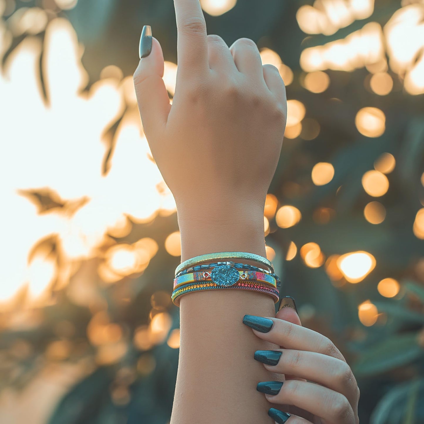 FANCY SHINY Boho Leather Wrap Bracelet Stackable Chunky Crystal Cuff Bracelets with Magnetic Clasp Cowboy Cowgirl Western Summer Beach Outfits Jewelry Gifts for Women (7.7", Rainbow)
