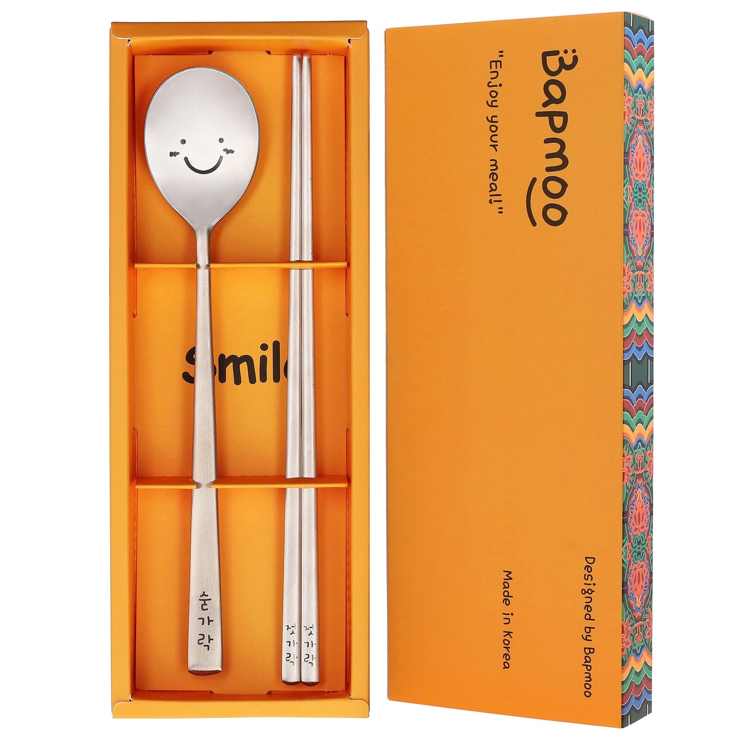 BAPMOO Korean Cute Happy Spoon and Chopsticks Set Long Handle Stainless Steel Good for Gift Hangul Characters Engraved Silver