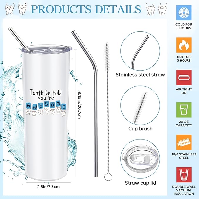 Nuogo 3 Pcs Positive Dental Hygienist Gifts Dentist Assistant Gift for Women Men Inspirational 20oz Tumbler Tote Bag Tooth Stress Toy for Dental Hygiene Month Employee Appreciation(White,Teeth)