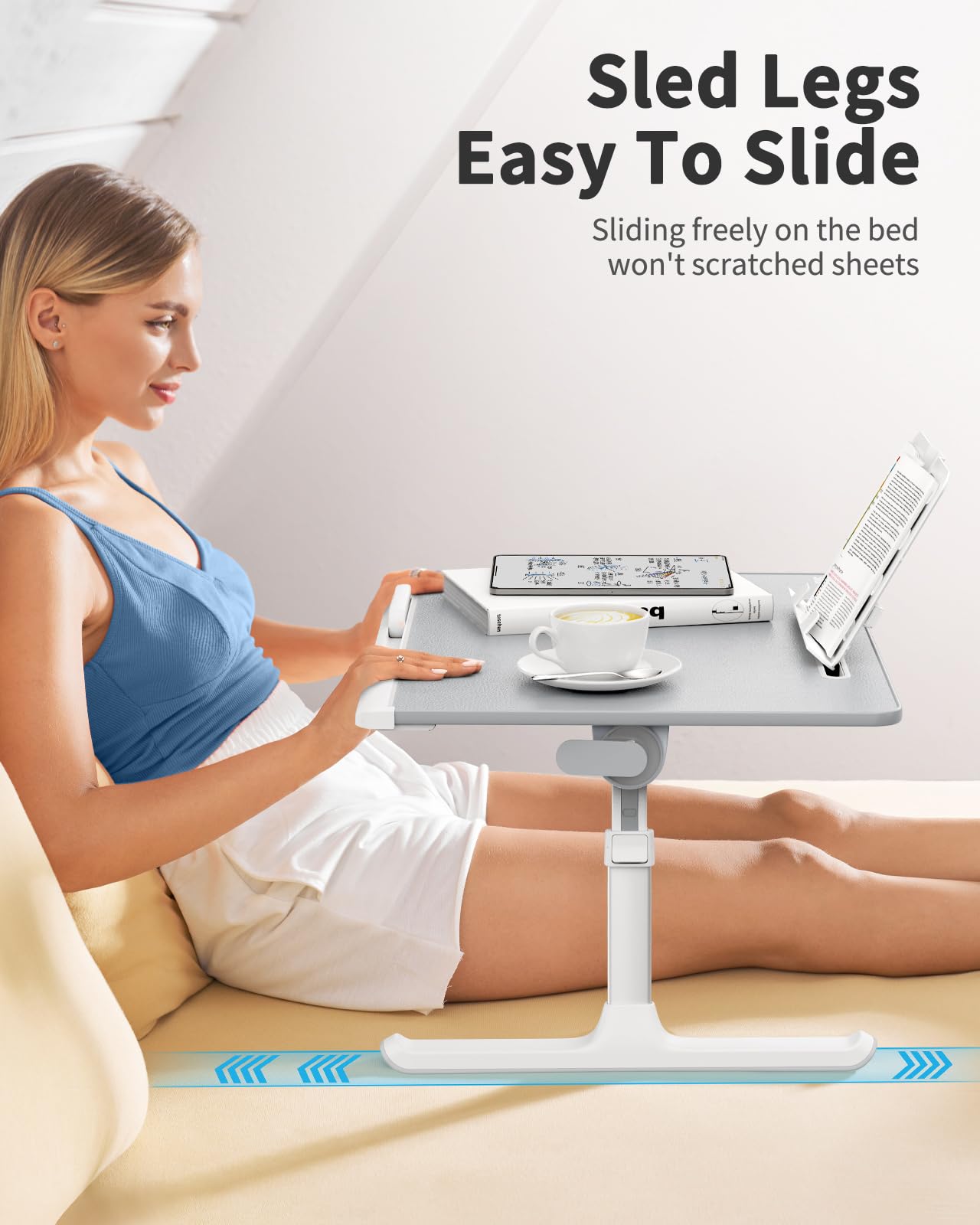 Laptop tray, SAIJI 60*45cm Table lap for bed, Multi-purpose Premium Lapdesk, Height Angle adjustable, with Book Stand, Drawer, Tablet slot, for Eating, Working, Writing, Gaming, Drawing (Light Grey)
