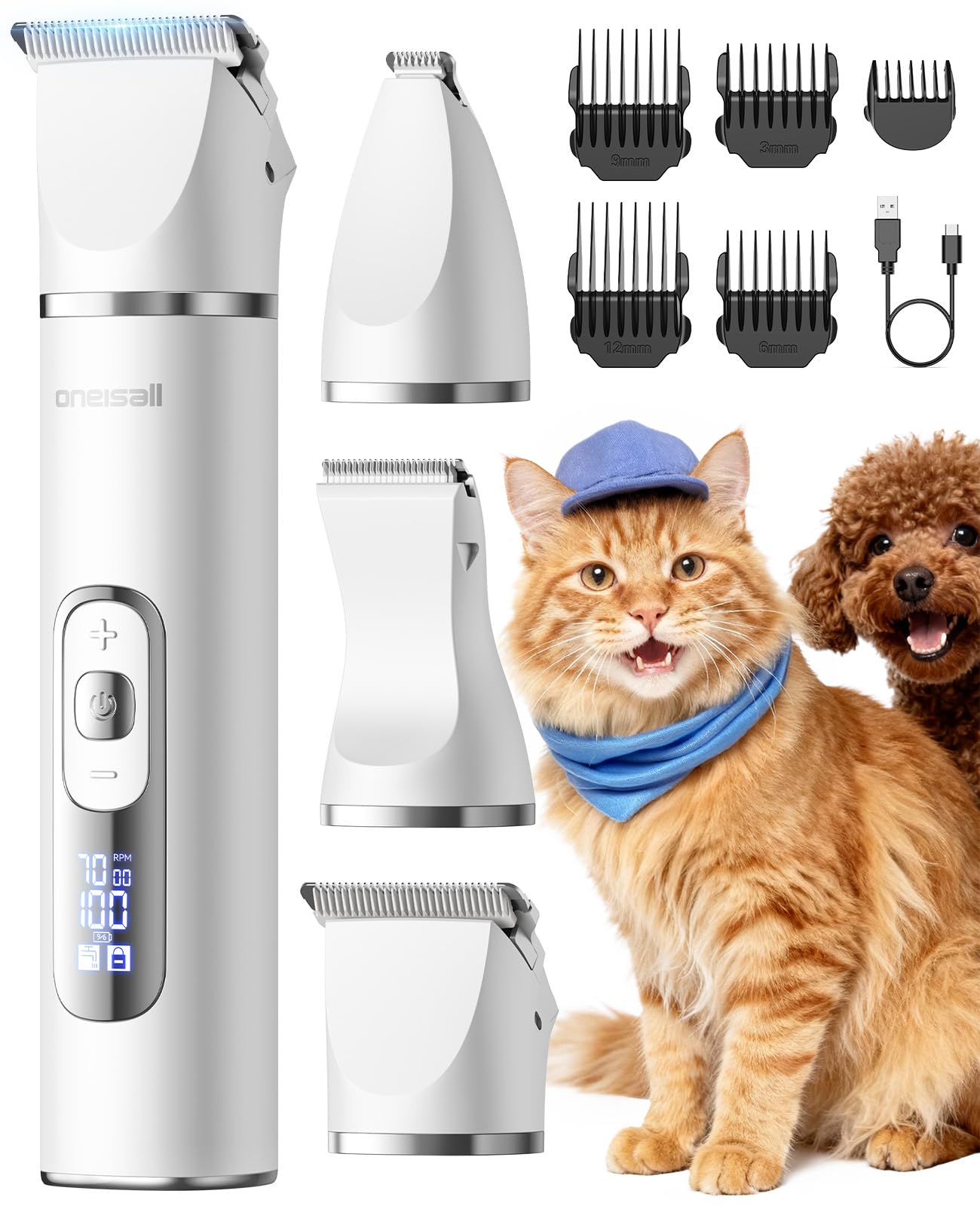 oneisall Quiet Cat Clippers for Matted Hair, 3 in 1 Cat Grooming Kit with LCD Display, Cat Hair Trimmer for Paw Trimmer, 3 Speed, Cordless, IPX7 Waterproof Pet Clippers for Butt, Paw, Back, Ear, Face