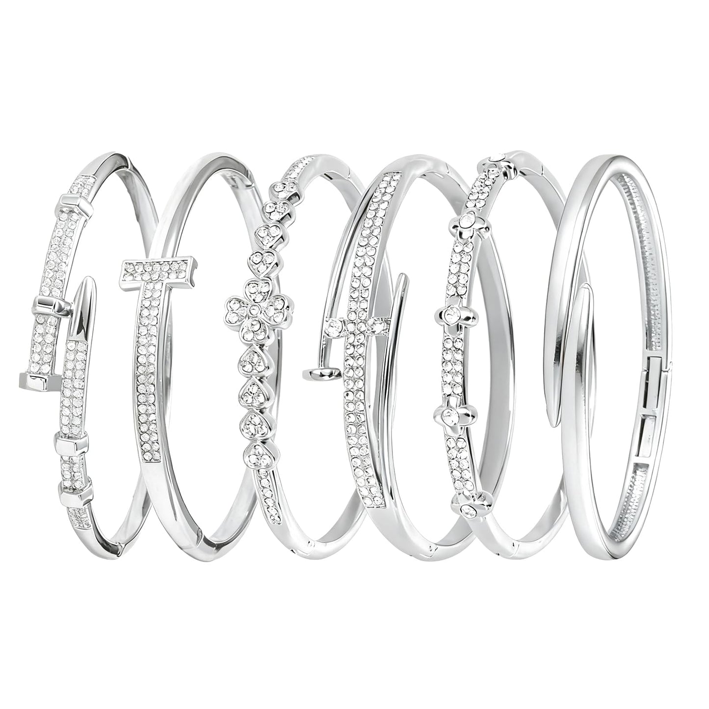 Pack of 6 - Silver Bracelet Bangles Bulk Set for Women,Trendy Stackable, Zinc Alloy Rivet & Four-Leaf Clover Design Stackable Bangles with Rhinestones, 2.4 Inch Diameter Fits Most Adults, Jewelry Gift for Her, Girlfriend, Wife, Mom, Sister, Lover on Birth