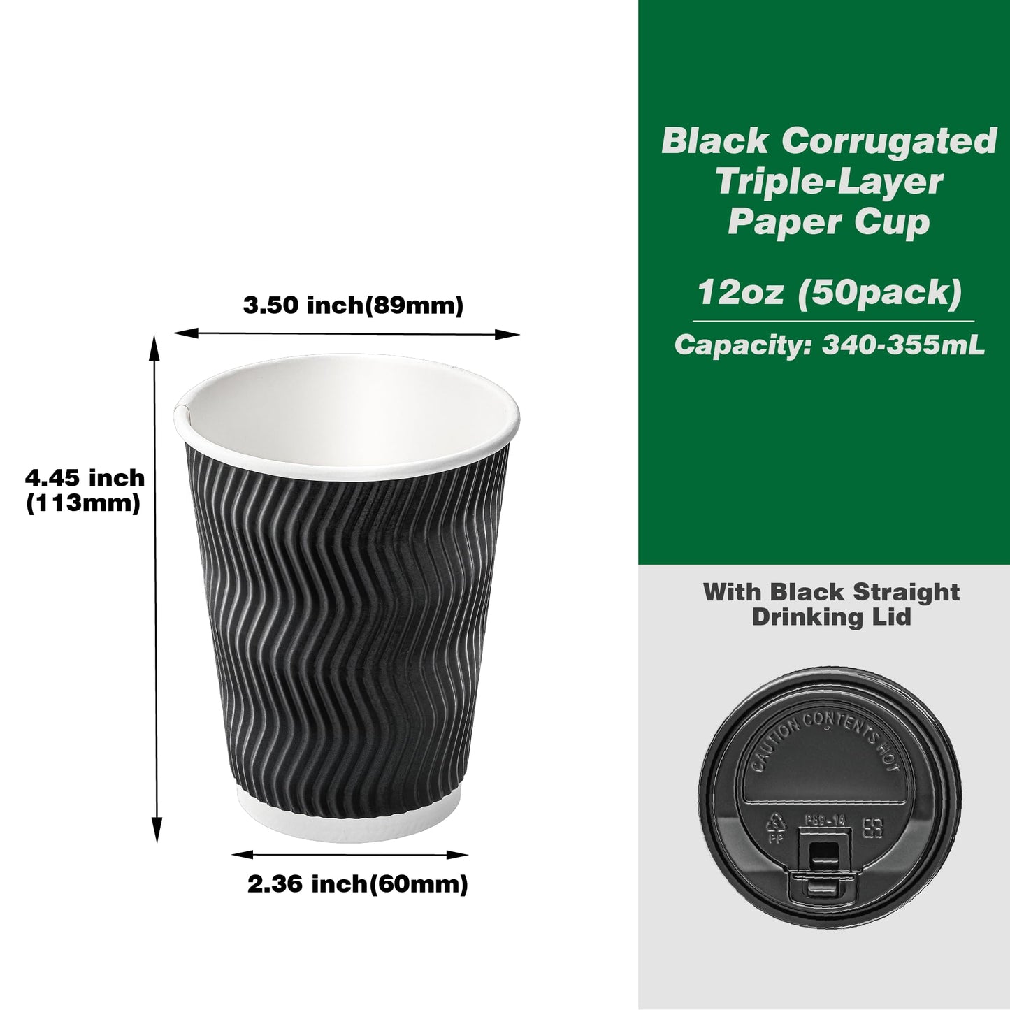 NUPANT 12oz -50 Pack Disposable Coffee Cups with Lids Insulated Corrugated Paper Cups Kraft Ripple Wall Paper Coffee Cups to Go for Hot/Cold Drinks, Disposable Cups for Home Office Party Cafe(Black)