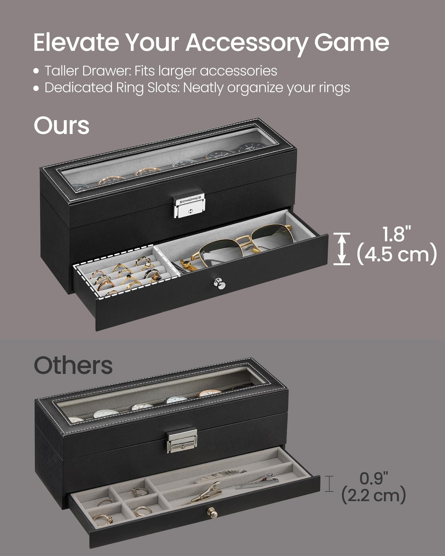 SONGMICS Watch Box, 6-Slot Watch Case Organizer with Large Glass Lid, 2 Layers, Removable Pillows, Metal Lock, Gift for Loved Ones, Black Synthetic Leather, Gray Lining UJWB060G01