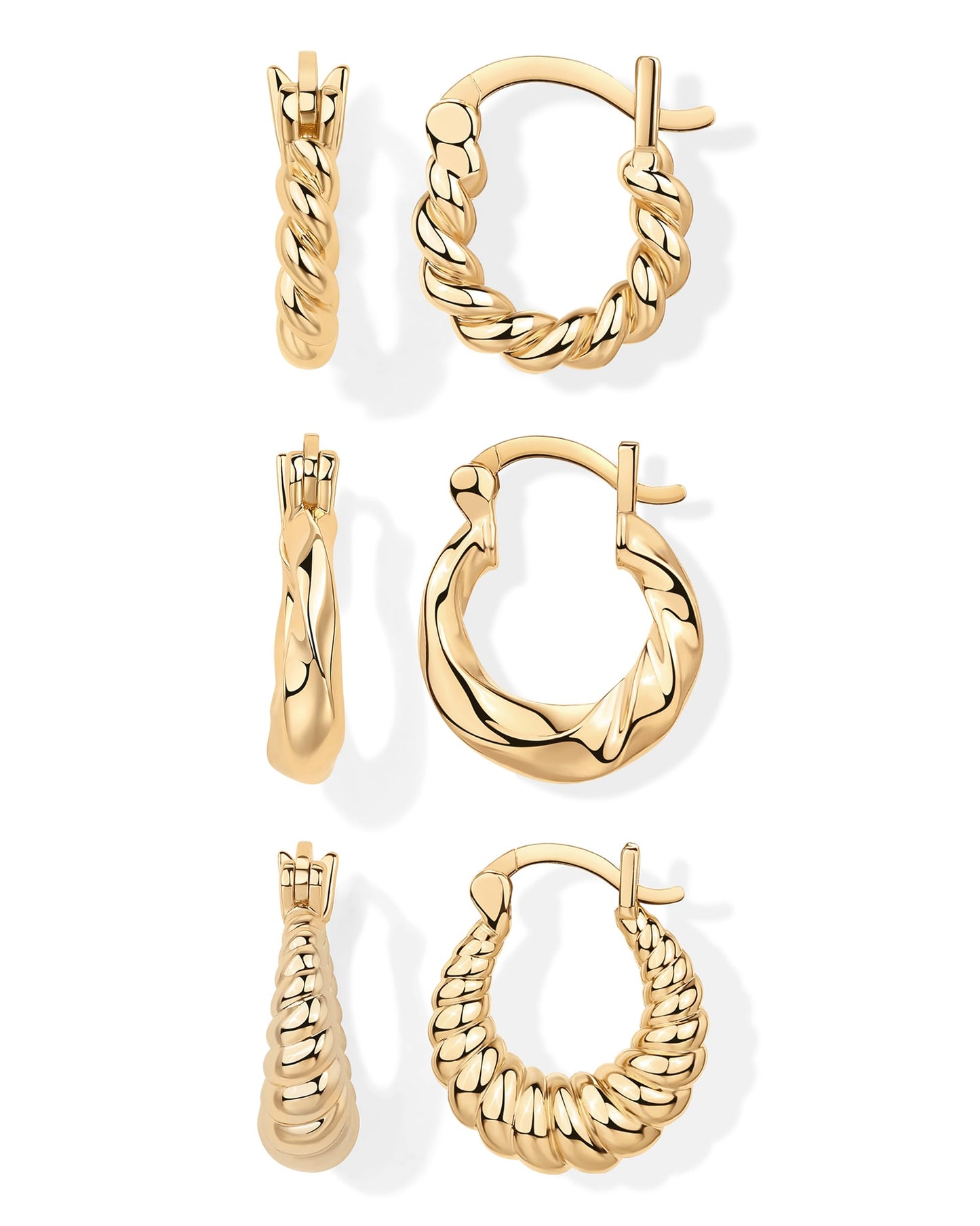 PAVOI 14K Yellow Gold Plated 925 Sterling Silver Posts 3 Pairs Rope Twisted Hoop Earrings for Women - Three Set Chunky Huggie Pack - Earscape Piercings