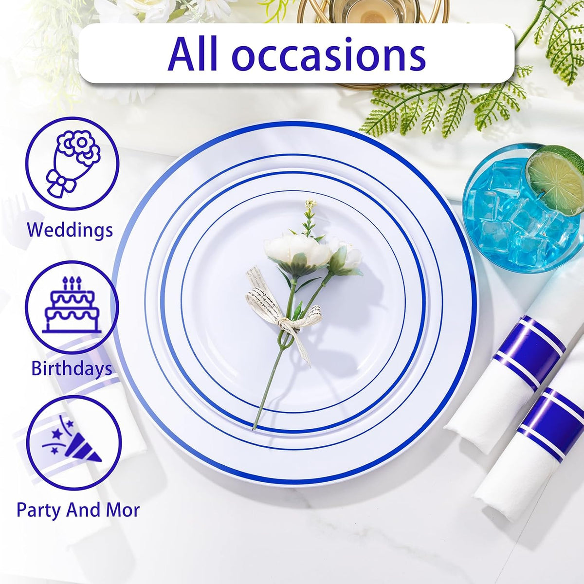 WELLIFE 210 Piece Blue Disposable Dinnerware Set,Plastic Plates for Party, Include: 30 Dinner Plates, 30 Dessert Plates, 30 Pre Rolled Napkins with Gold Silverware and 30 Gold Cups
