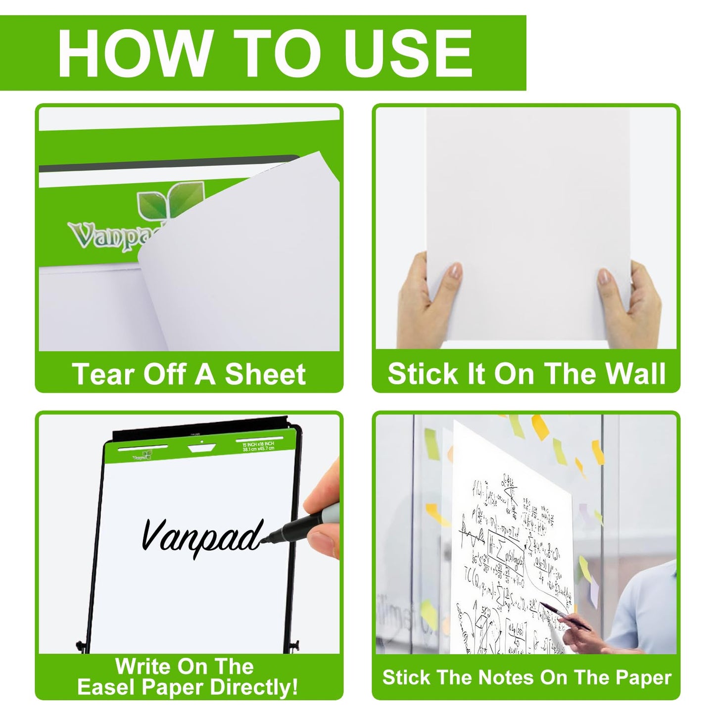 Sticky Easel Pad 15 in x 18 in, 35 Sheets/Pad, 4 Pads/Pack, 140 Sheets， Large White Sticky Easel Paper for Office and Classrooms, Flip Chart Paper for Teachers，Super Sticking Power & Bleed-Resistant