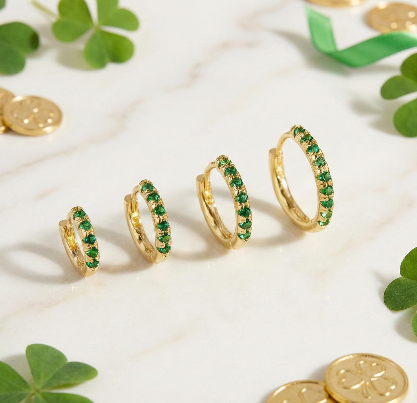 St Patrick's Day Earrings Gold Green Earrings Set for Women, Small Huggie Hoop Stack Cartilage Earring for Multiple Piercing,Green Clip On Jewelry for Women