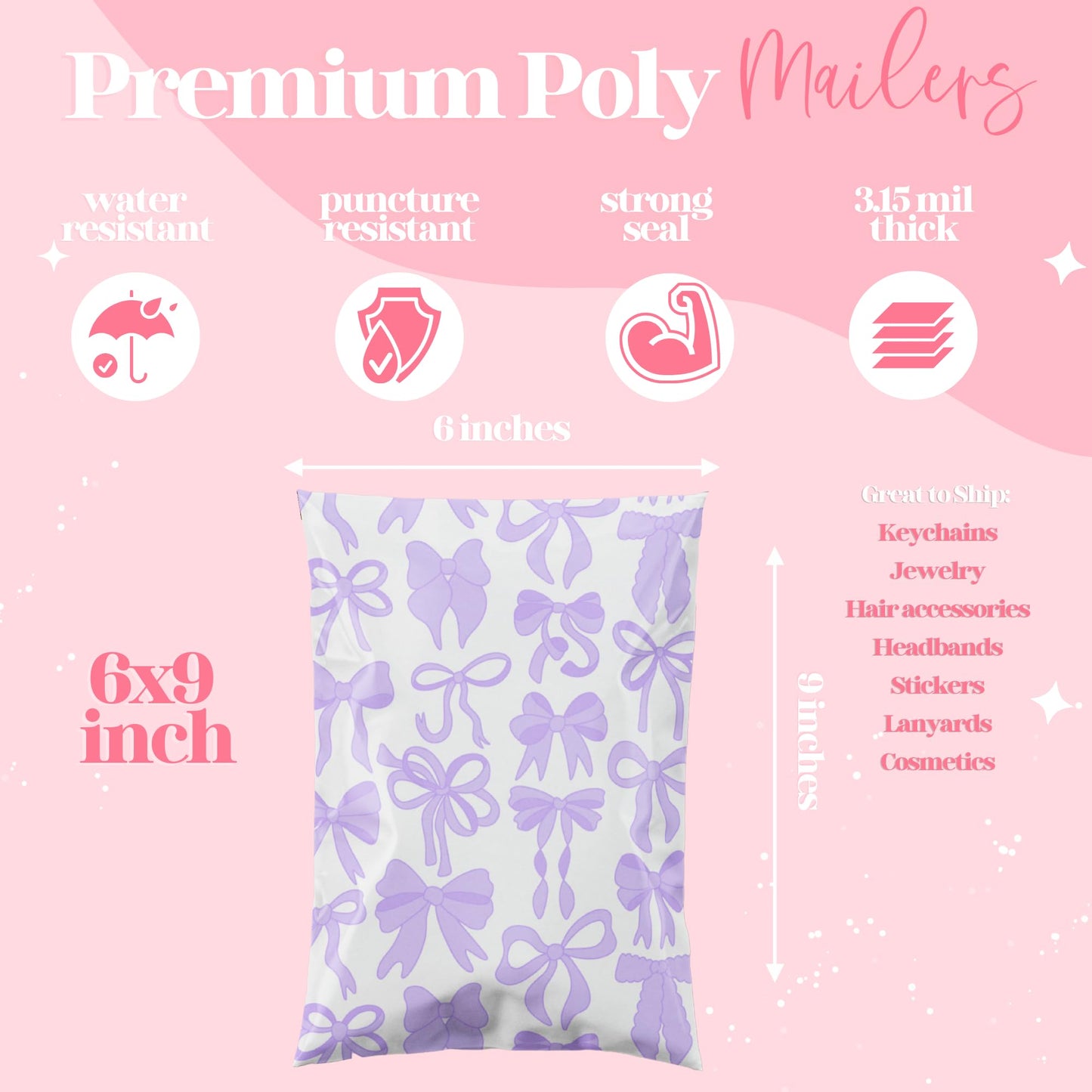Pretty Package Store 6x9 Designer Poly Mailer 100 Pack Heavy Duty Waterproof Self Seal Shipping Bags for Small Business Large Mailing Envelopes Bulk Tear Resistant Packaging Purple Bows