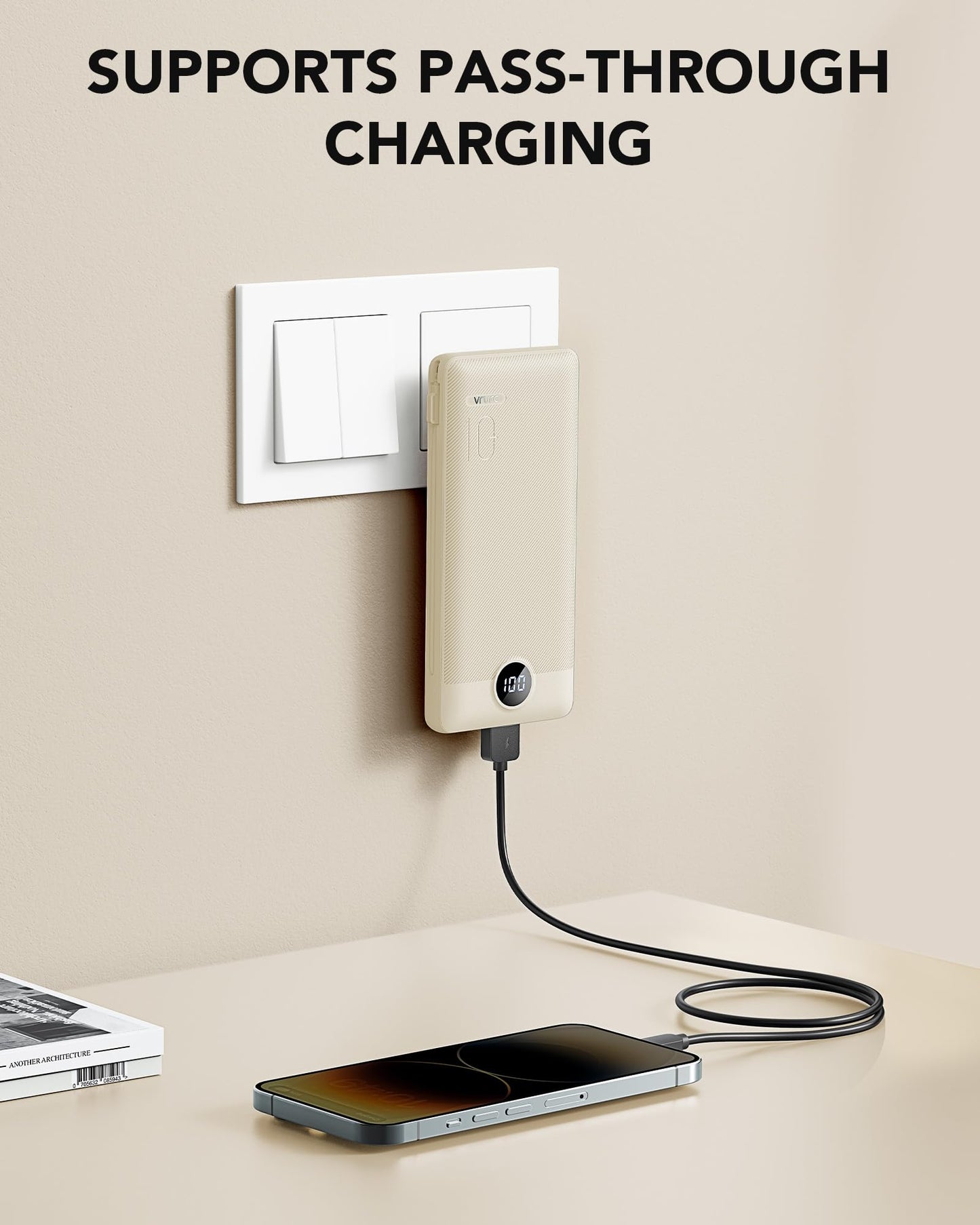 Portable Charger Built-in Cables and AC Wall Plug, USB C Power Bank 10000mAh, Travel Battery Portable Phone Charger Compact Lightweight External Battery Pack for Smart Phones, Tablets etc-Light Coffee