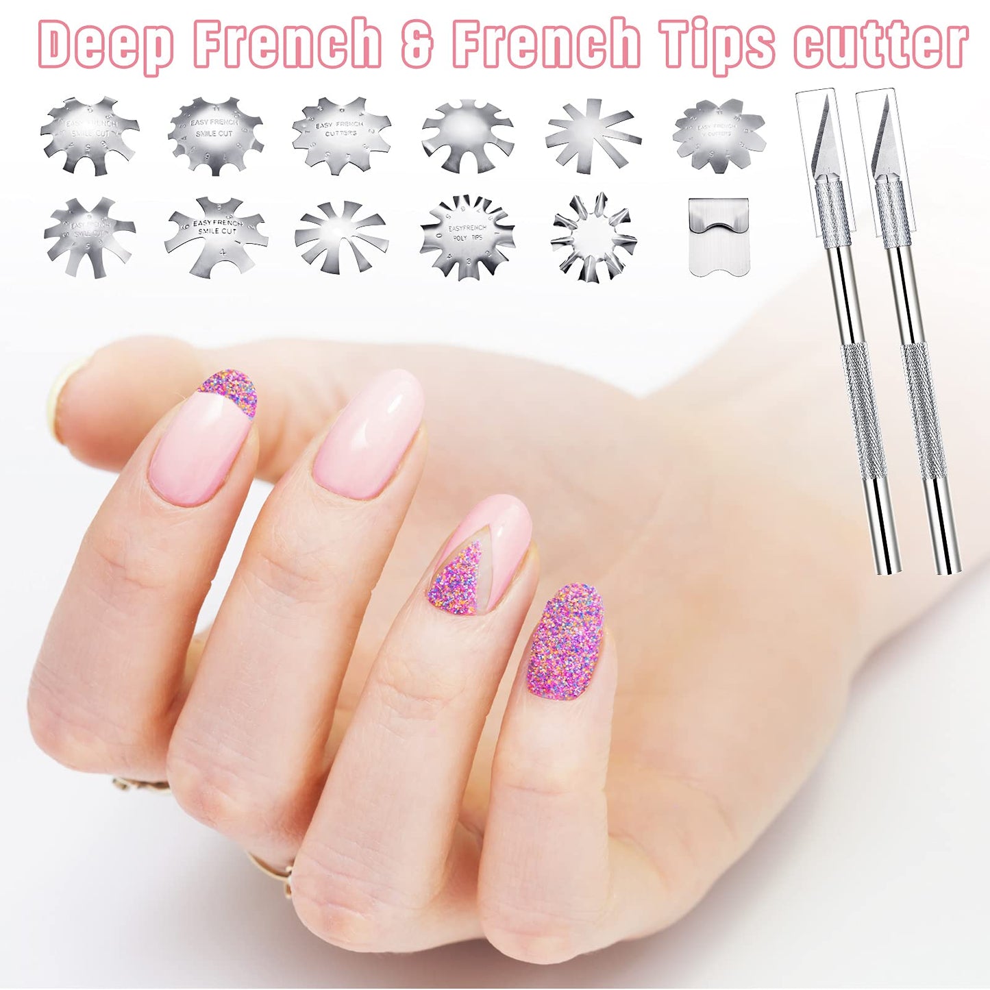 Honoson 12 Pcs French Nail Tip Cutter Tool Kit French Tip Cutters Smile Line Cutter Trimmer Manicure Edge DIY Plate Module with 2 Cutting Knife 5 Spare Blade for Acrylic Nail(Silver)