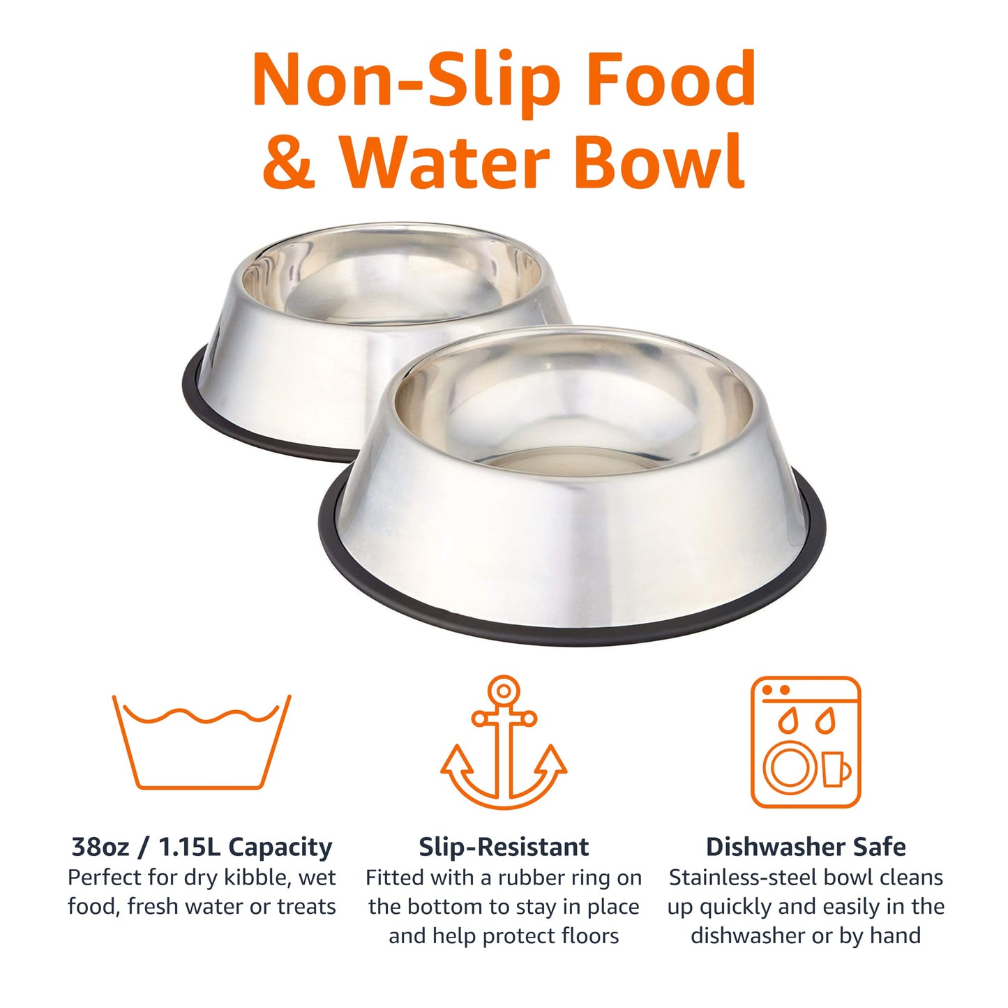 Amazon Basics Stainless Steel Non-Skid Dog Water And Food Bowls, Dishwasher Safe, Rust Resistant, 38oz Capacity, 10 x 2.8 Inches, 2-Pack
