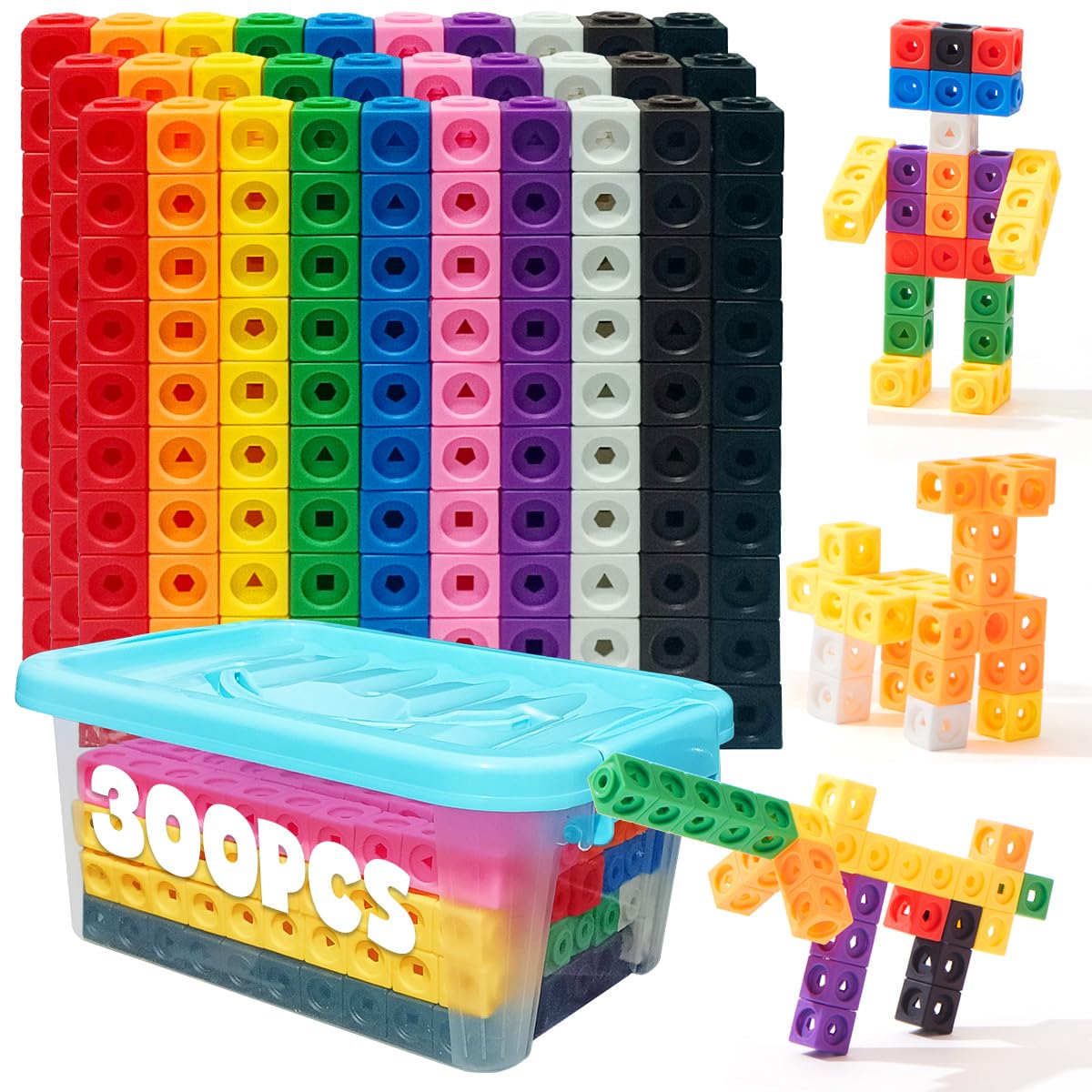 QUYSK 300 Pcs Linking Cubes for Math with Storage Boxes, Kids Counting Blocks for Math STEM Connecting Cubes Math Manipulatives Classroom Learning Supplies for Preschool and Elementary Aged Kids
