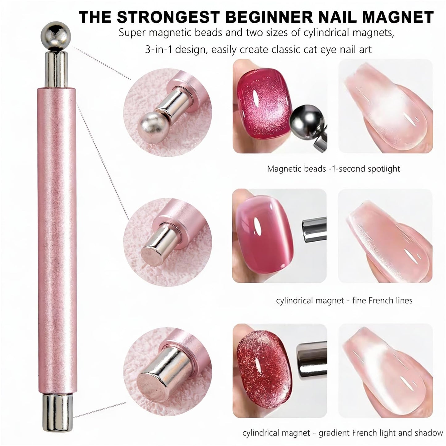 YECIRALA 3Pcs Cat Eye Magnet For Nails Magnet Tool Set With Y&O-Shape And Bunny Iron Molds, 3 Uniquely Shaped Nail Magnet For Nails, Strong Magnetism Cylinder Cat Eye Gel Nail Polish Magnet Sticks